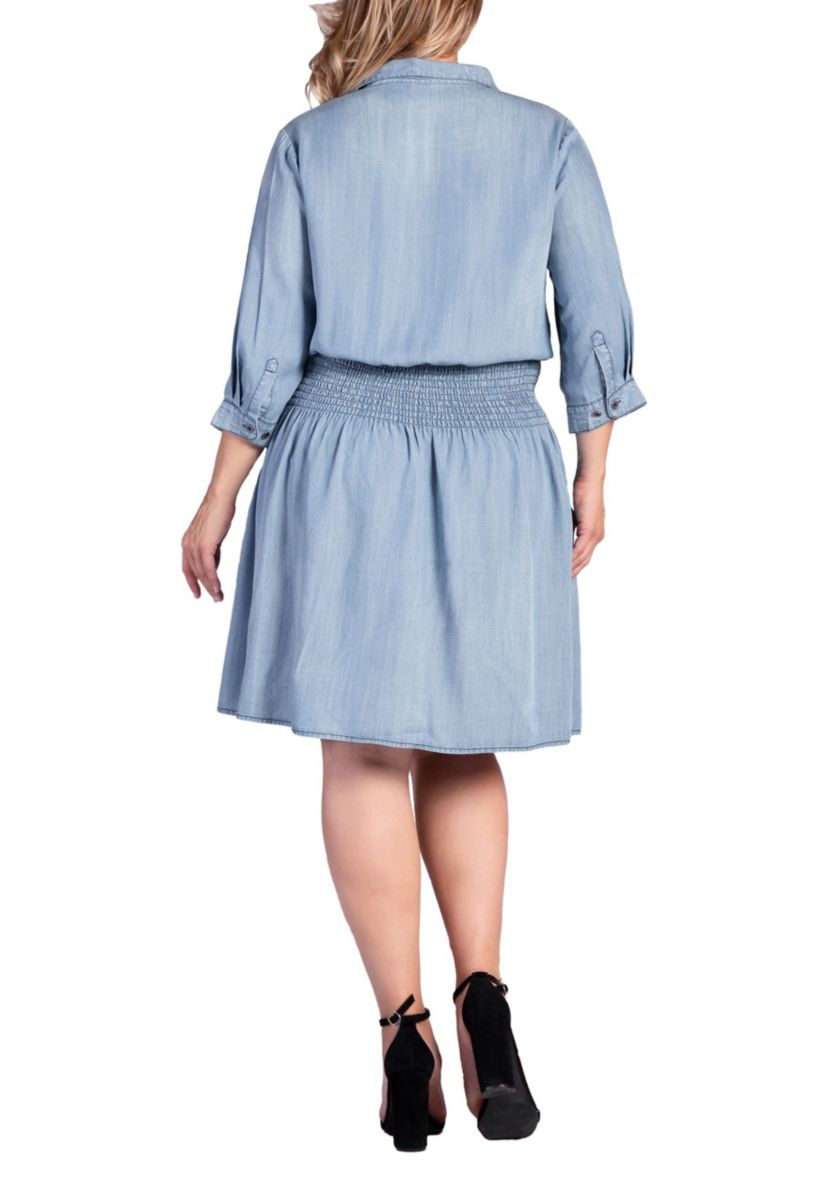 Womens Tencel Smocked Waist Midi Shirt Dress