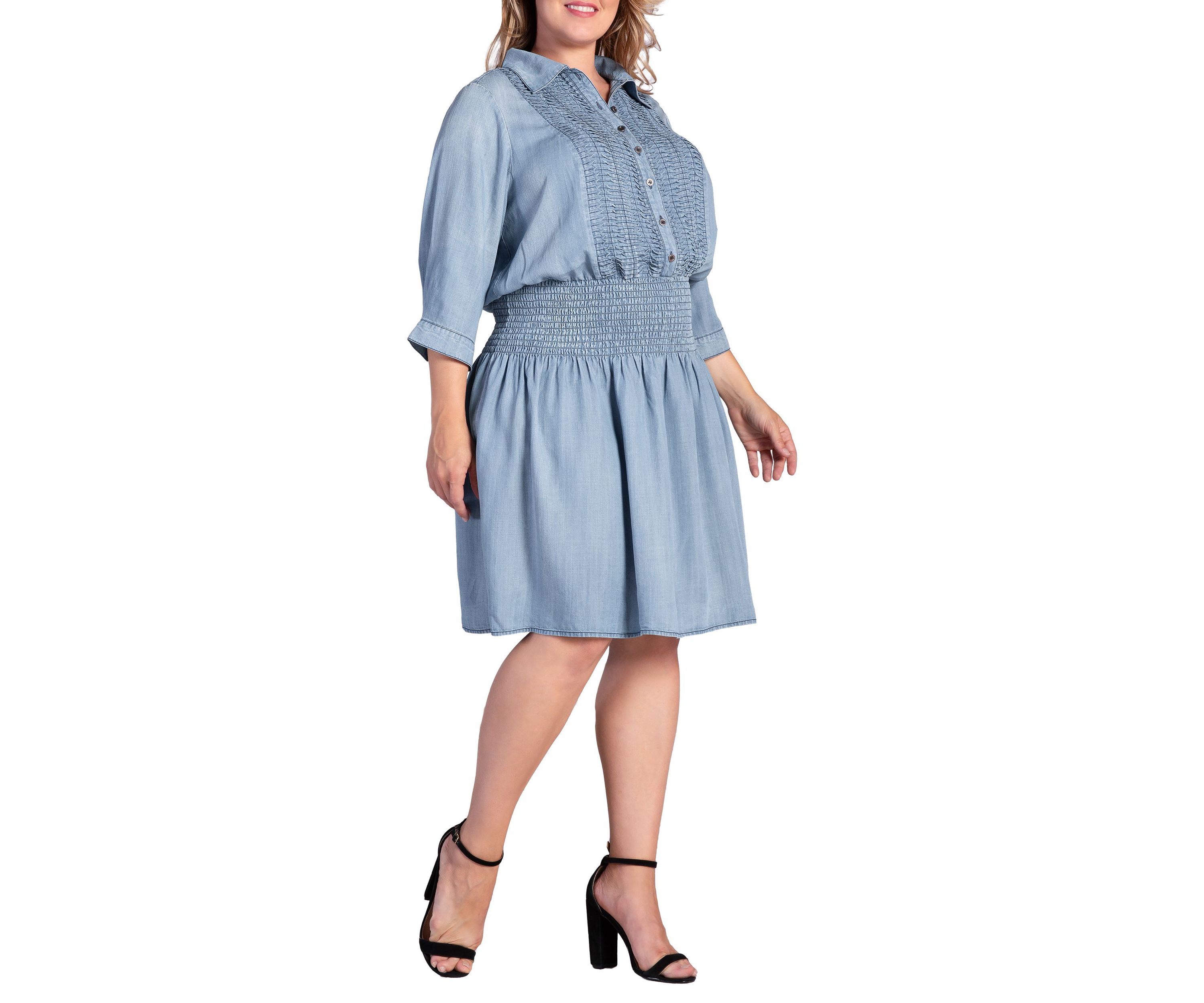 Womens Tencel Smocked Waist Midi Shirt Dress