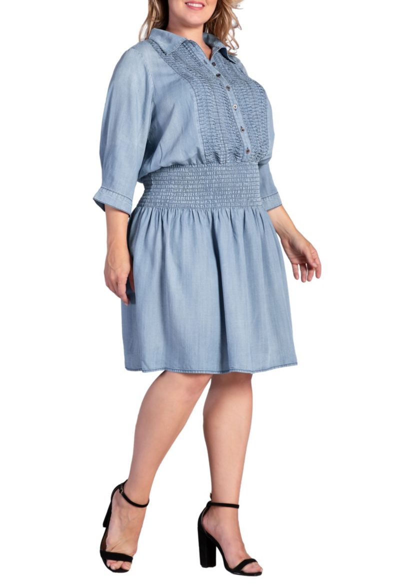 Womens Tencel Smocked Waist Midi Shirt Dress