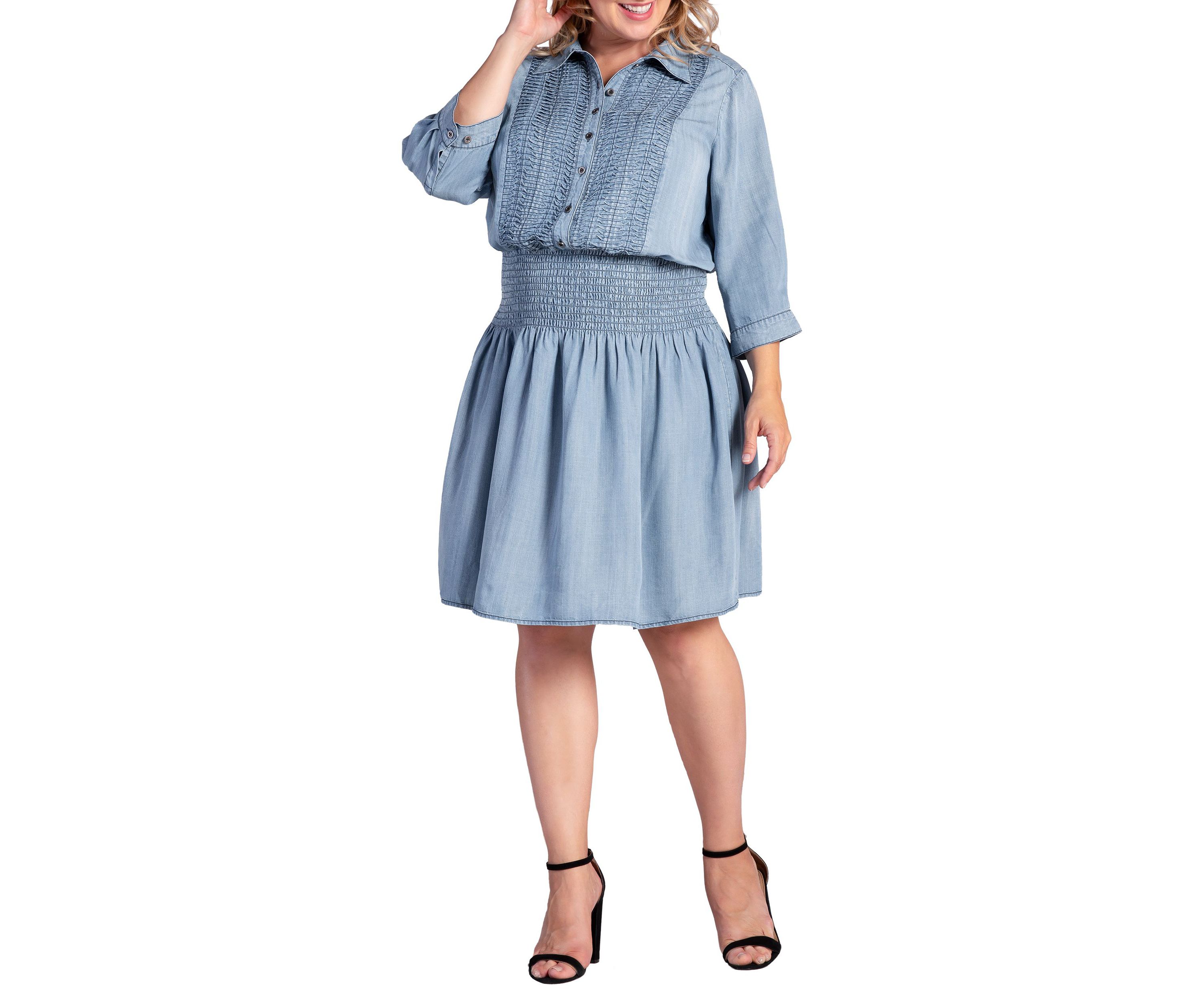 Womens Tencel Smocked Waist Midi Shirt Dress