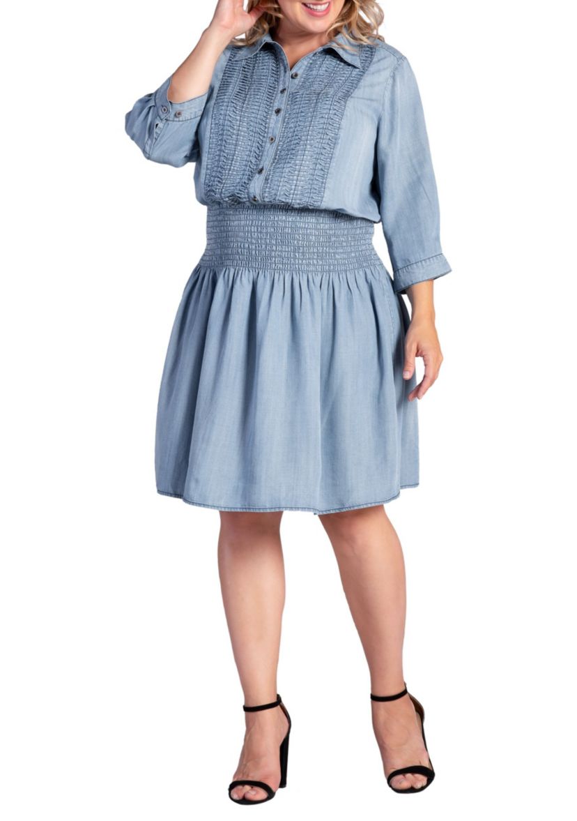 Womens Tencel Smocked Waist Midi Shirt Dress