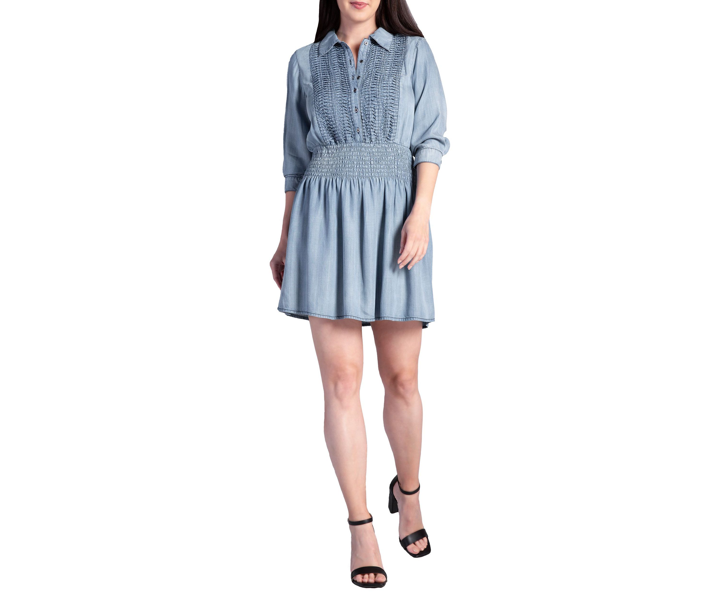 Womens Tencel Smocked Waist Midi Shirt Dress