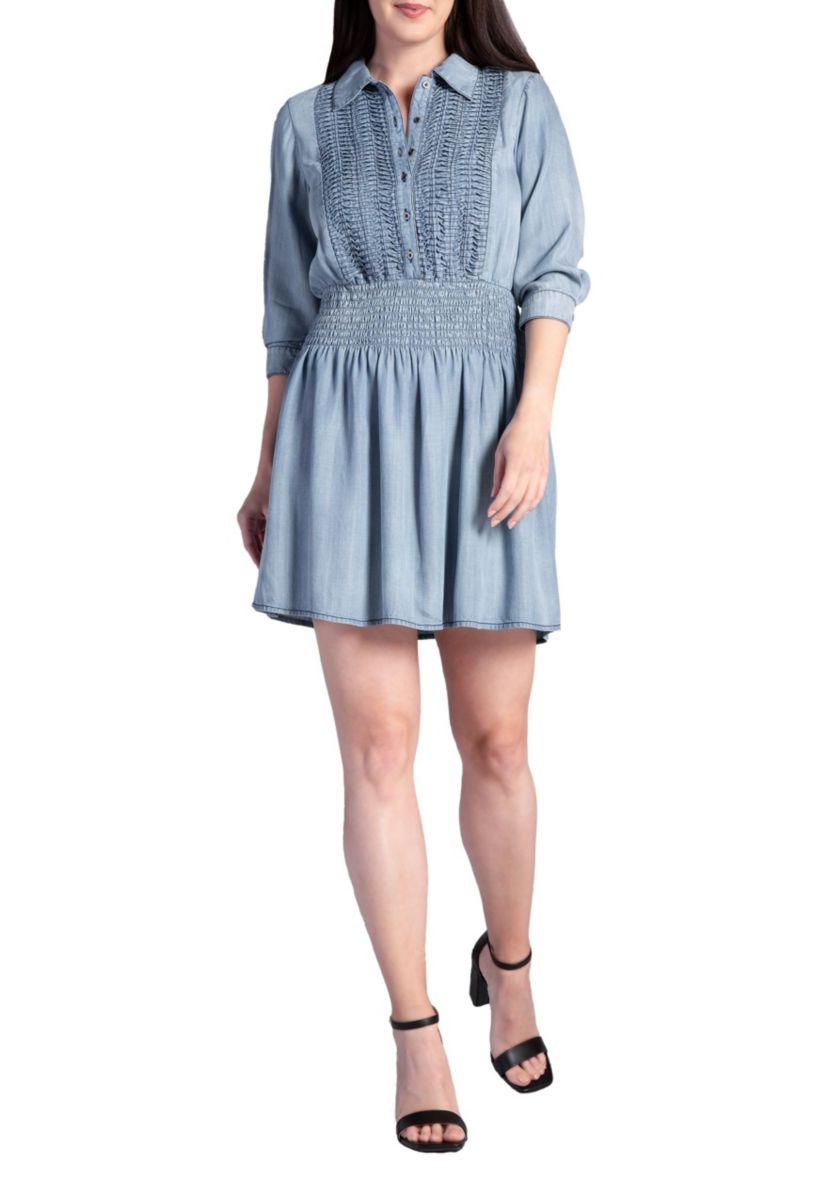 Womens Tencel Smocked Waist Midi Shirt Dress