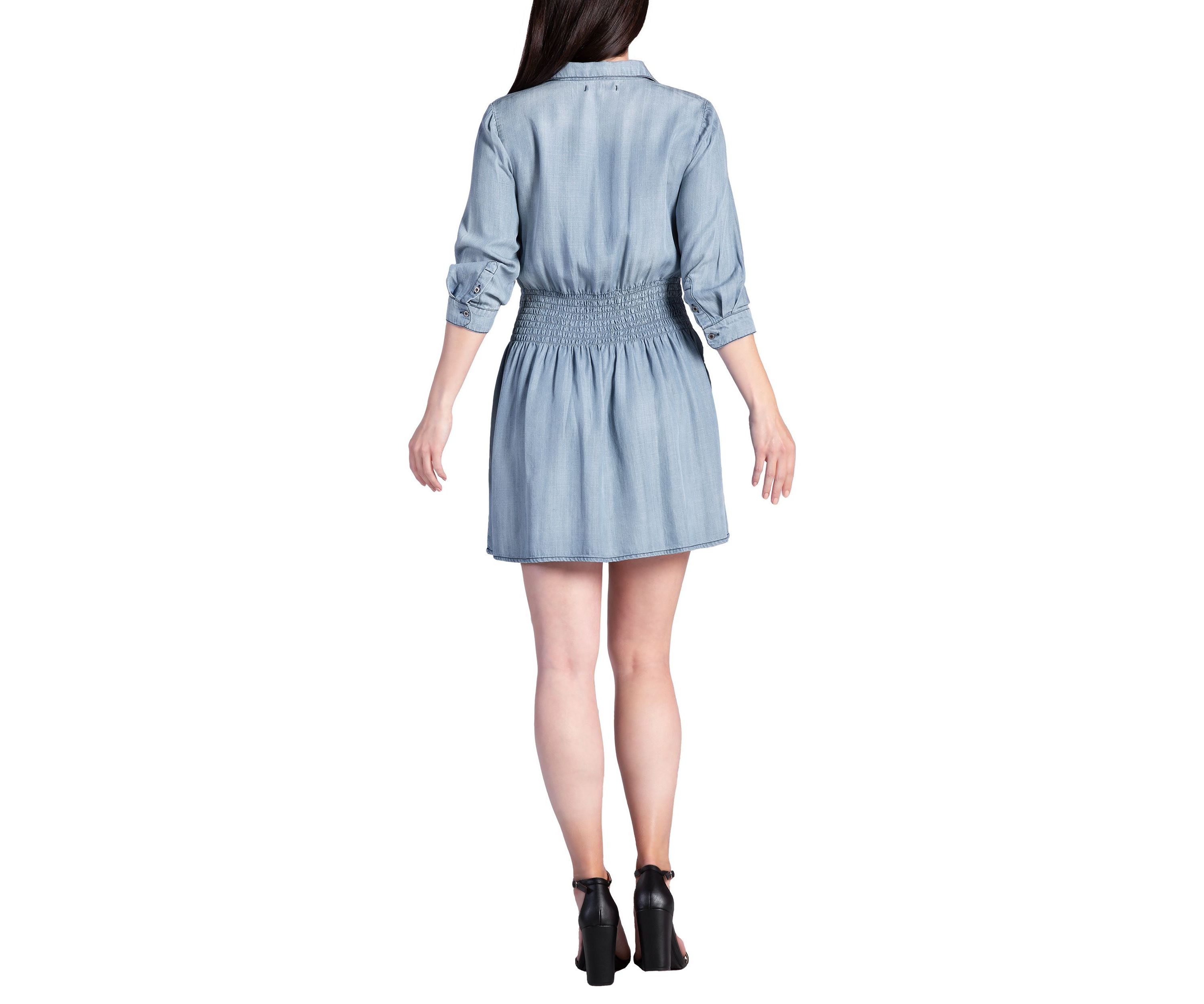 Womens Tencel Smocked Waist Midi Shirt Dress