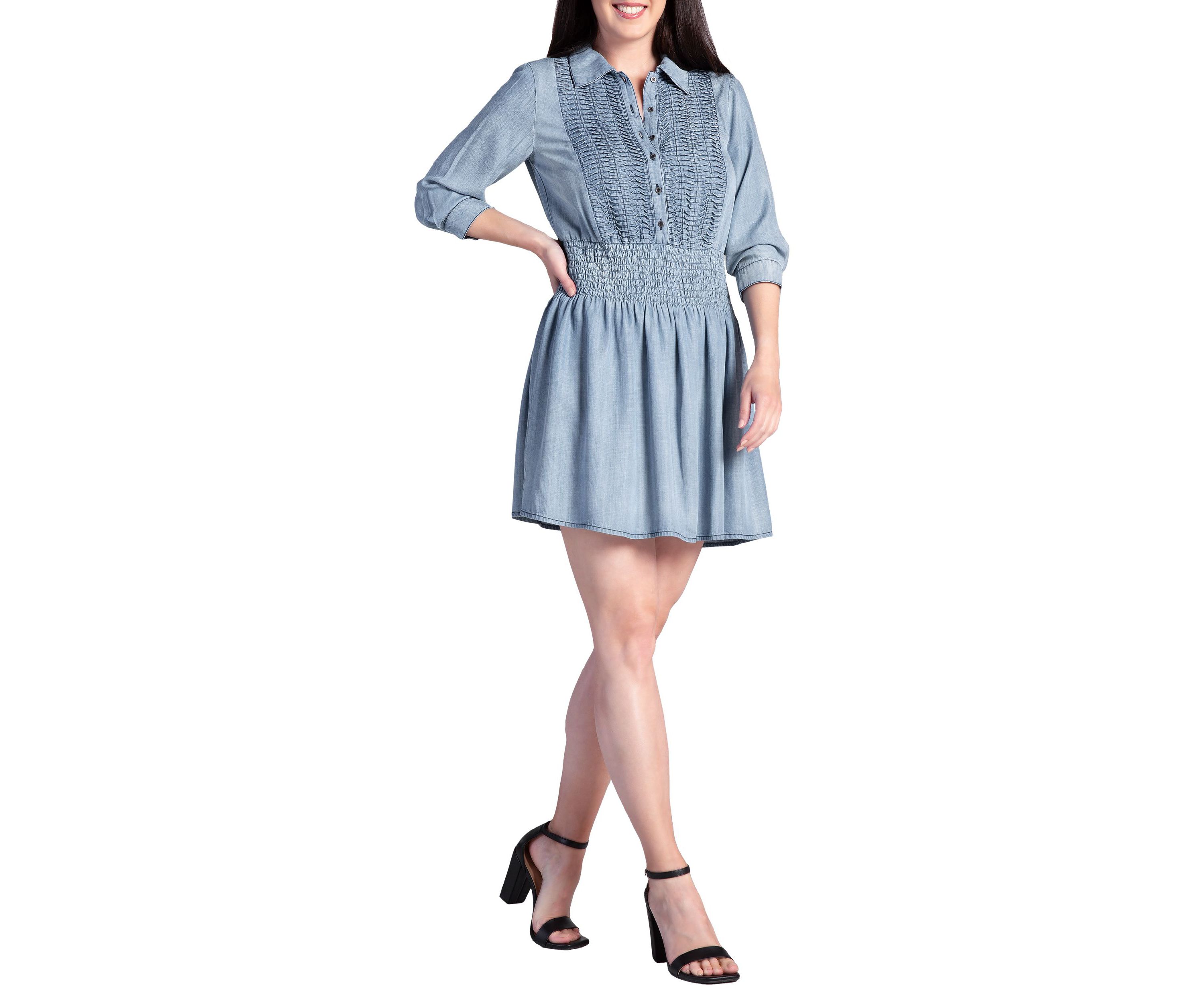 Womens Tencel Smocked Waist Midi Shirt Dress
