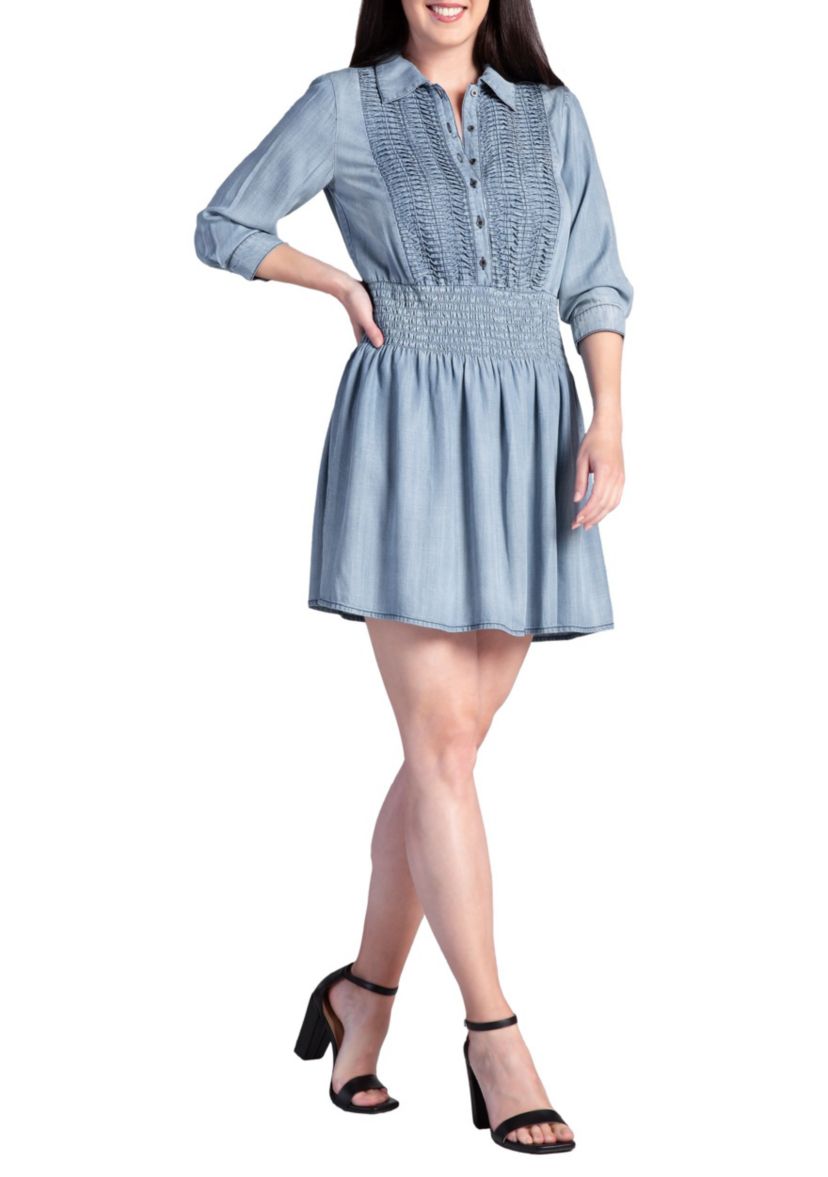 Womens Tencel Smocked Waist Midi Shirt Dress