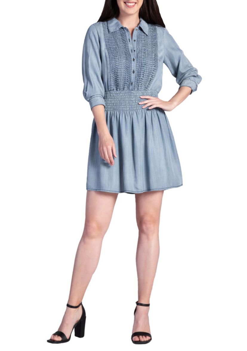Womens Tencel Smocked Waist Midi Shirt Dress