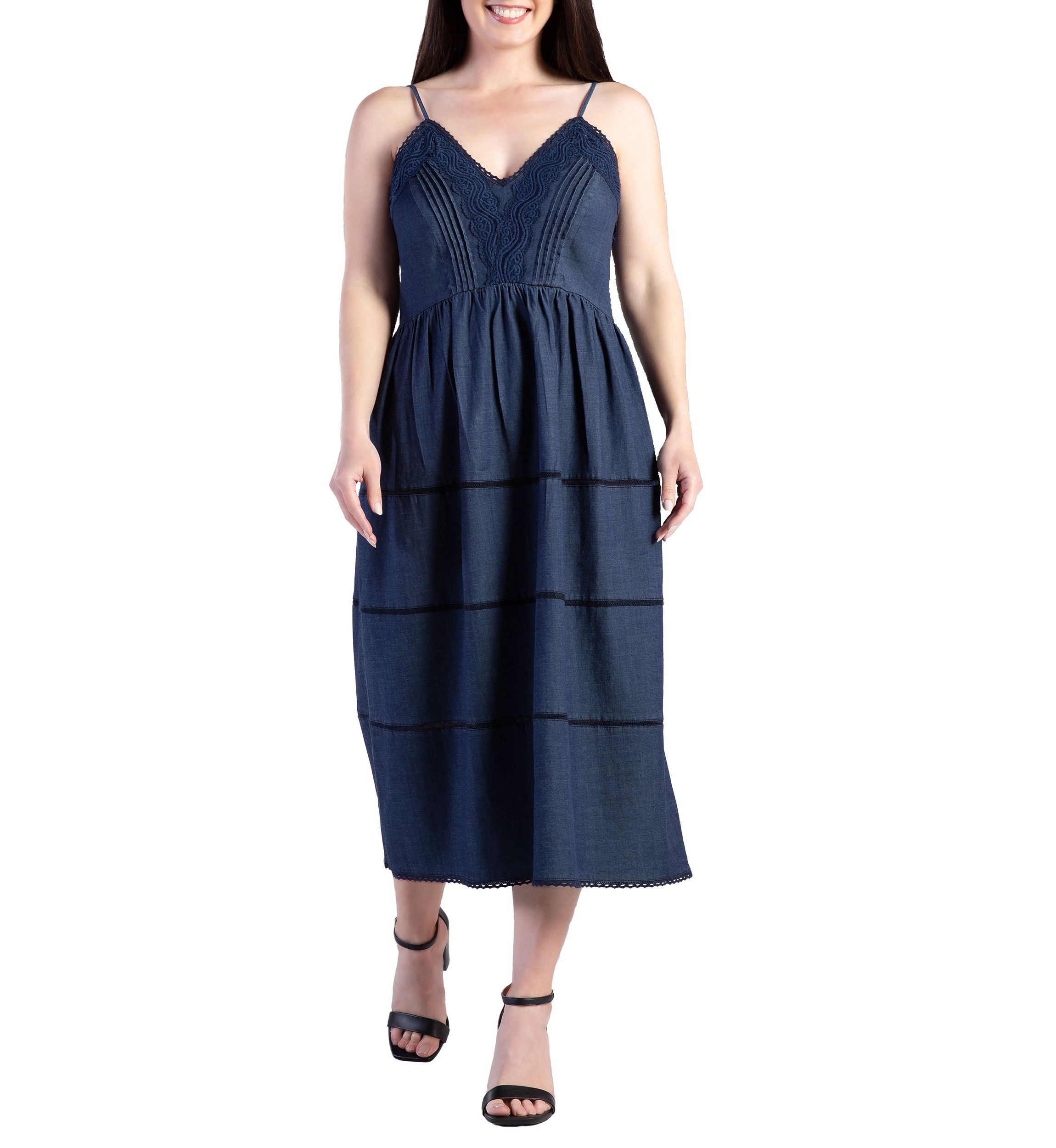 Womens Lace Trim Tencel Midi Dress