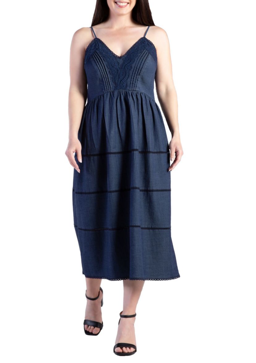 Womens Lace Trim Tencel Midi Dress