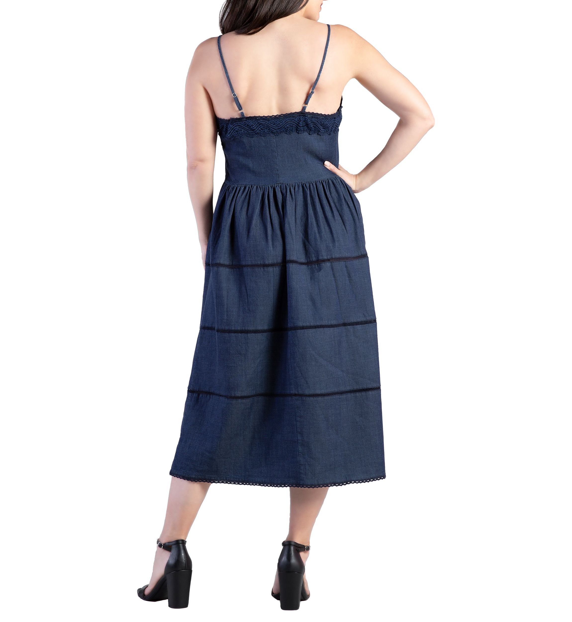 Womens Lace Trim Tencel Midi Dress