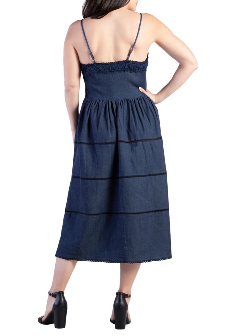 Womens Lace Trim Tencel Midi Dress