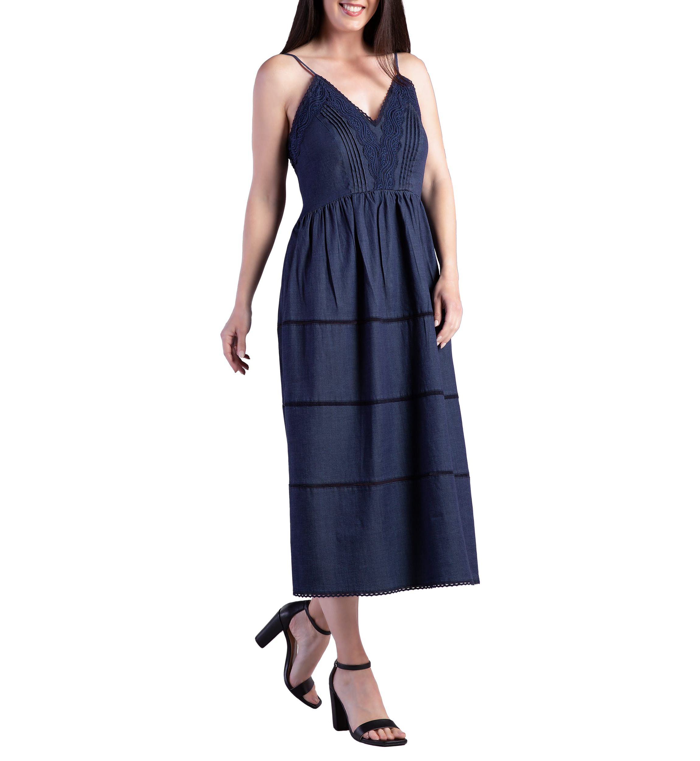 Womens Lace Trim Tencel Midi Dress