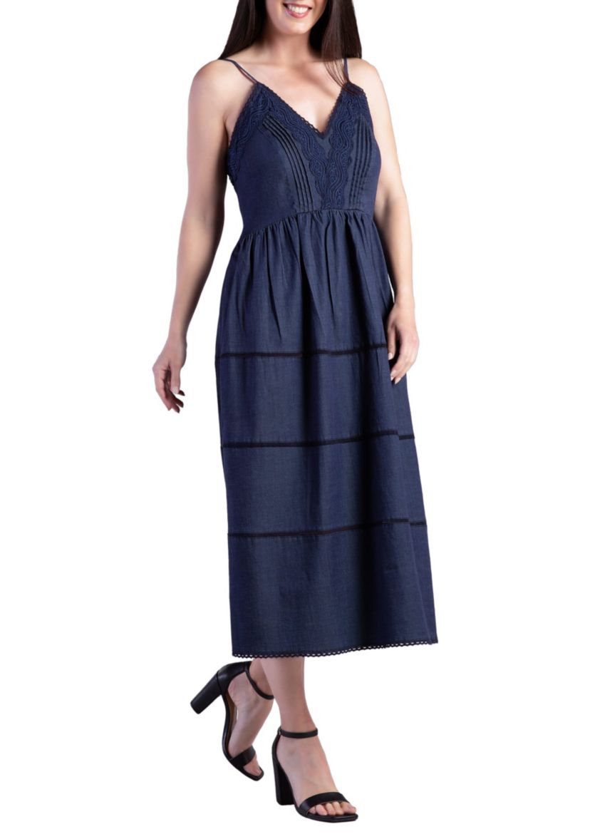 Womens Lace Trim Tencel Midi Dress