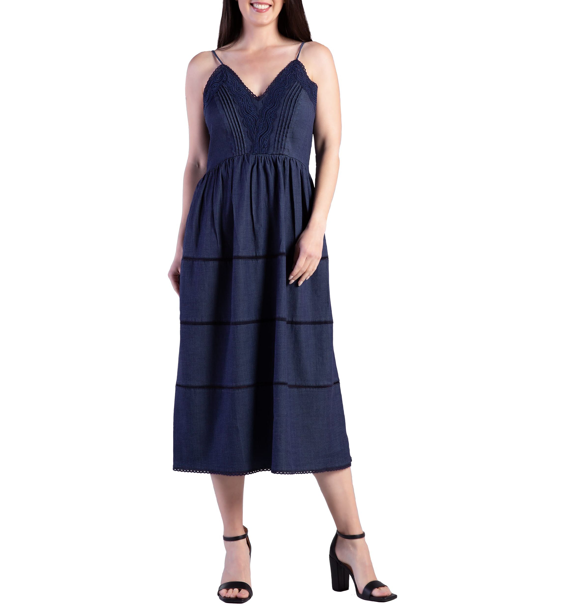 Womens Lace Trim Tencel Midi Dress