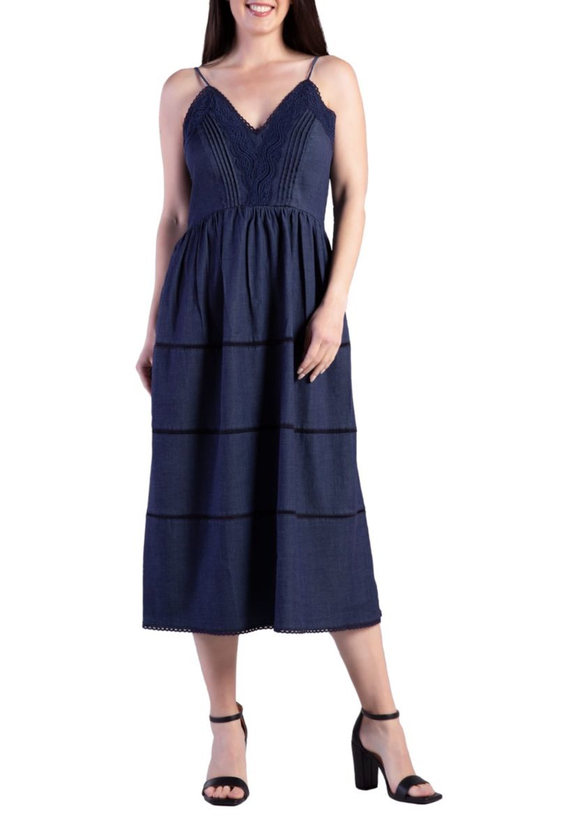 Womens Lace Trim Tencel Midi Dress