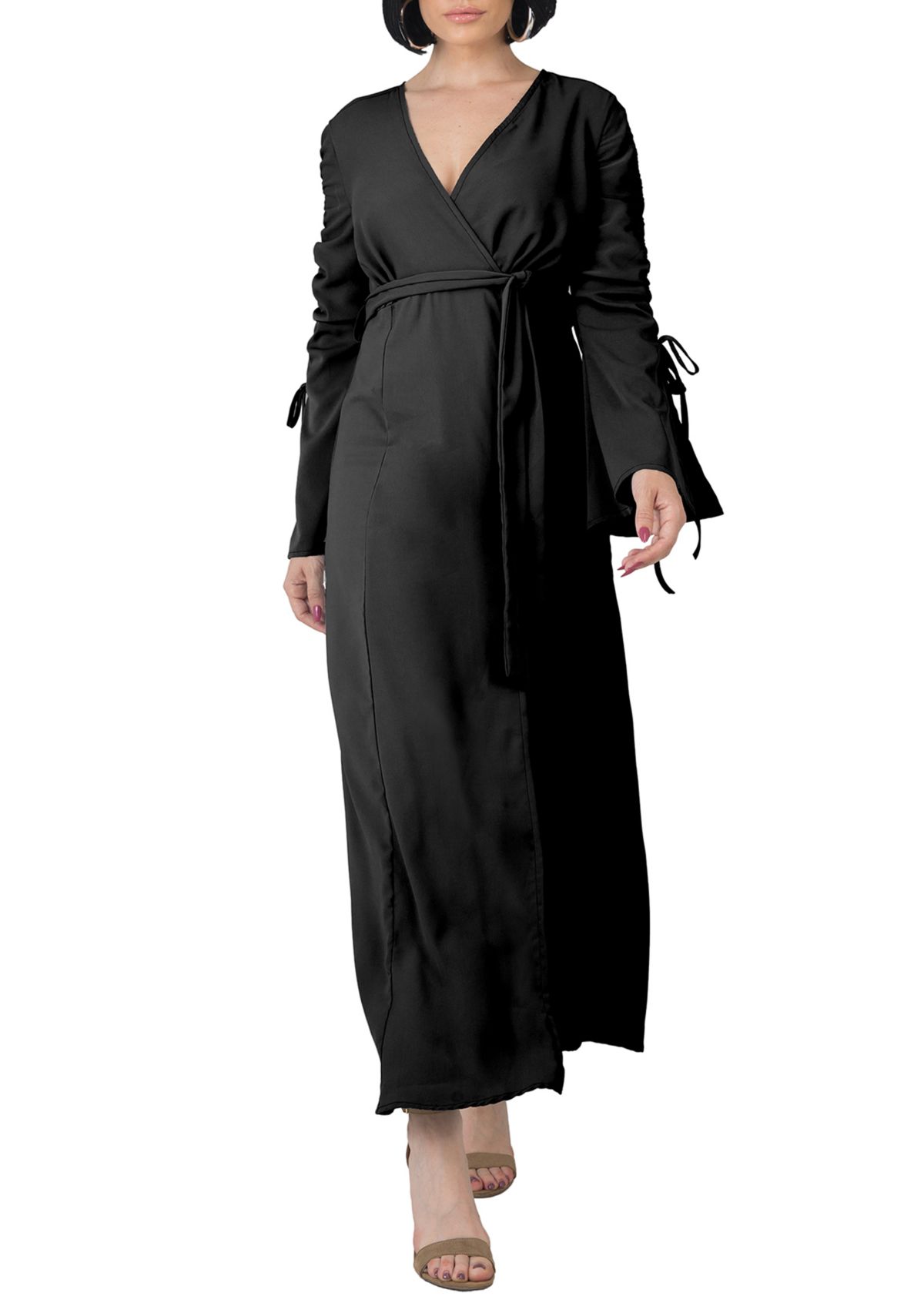 Womens Violeta Ruched Sleeves Wrap Maxi Dress
