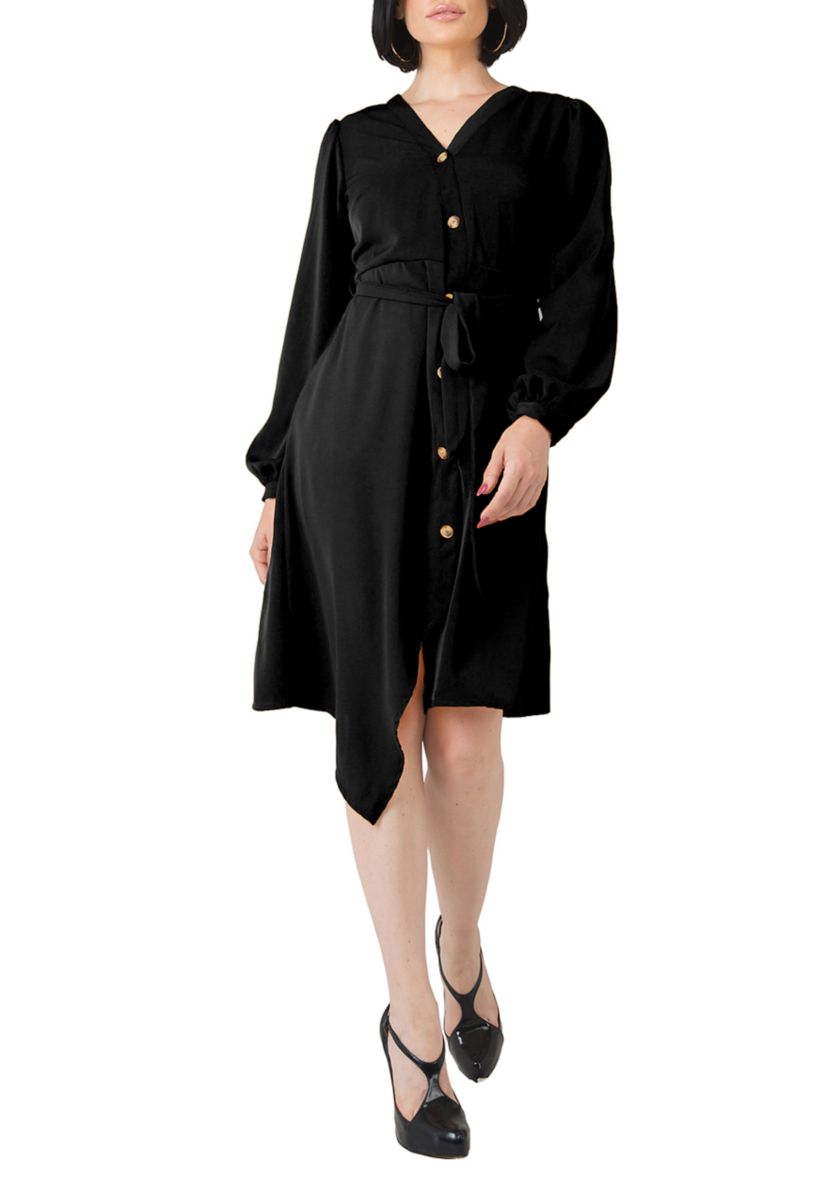 Womens Natalia Button Up Wrap Lantern Sleeve Dress