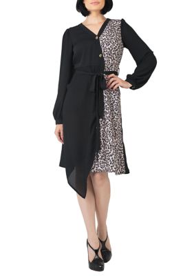 Standards and Practices Women's Natalia Button Up Wrap Lantern Sleeve Dress, Brown, XL