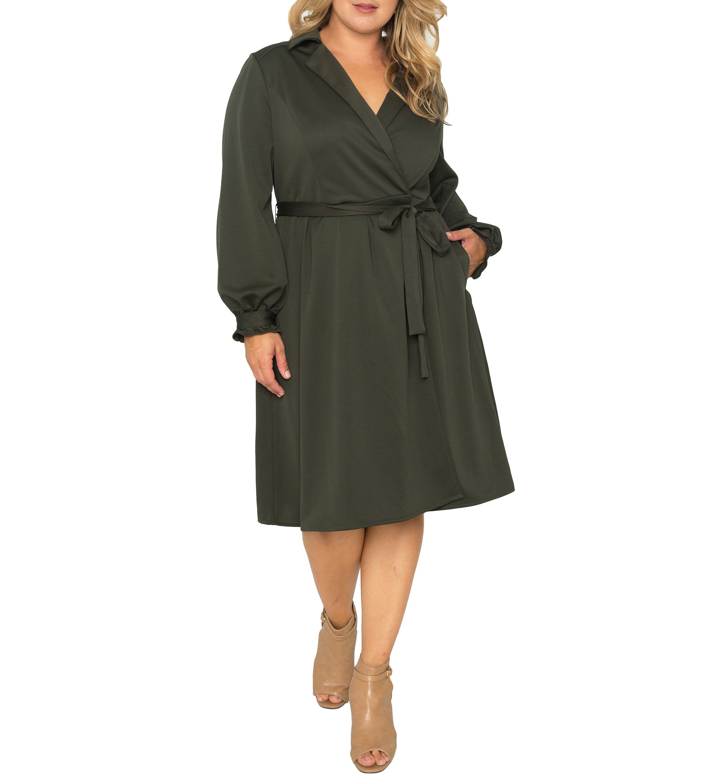 Plus Size Womens Dark Olive Long Sleeve Wrap Dress