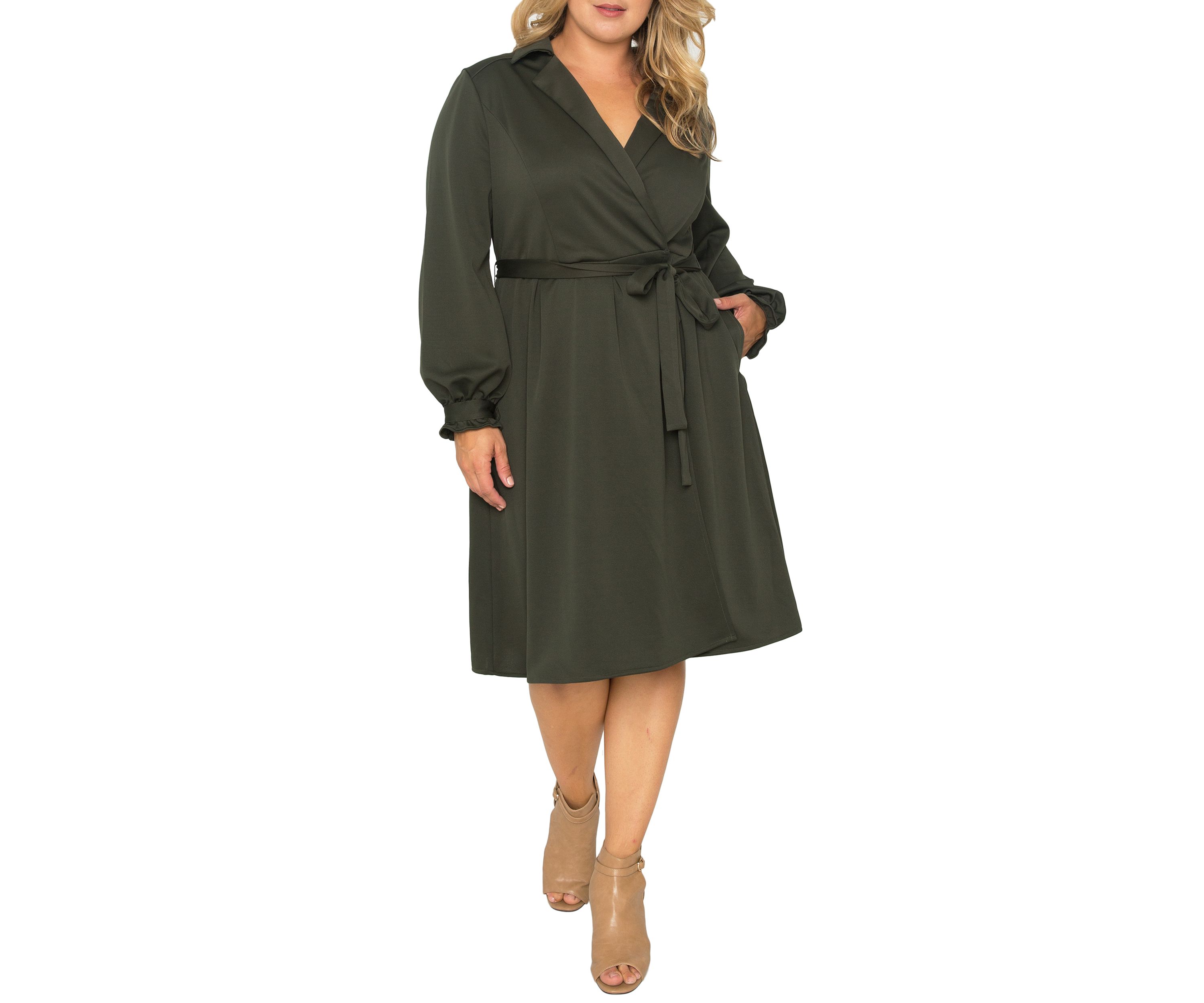 Plus Size Womens Dark Olive Long Sleeve Wrap Dress