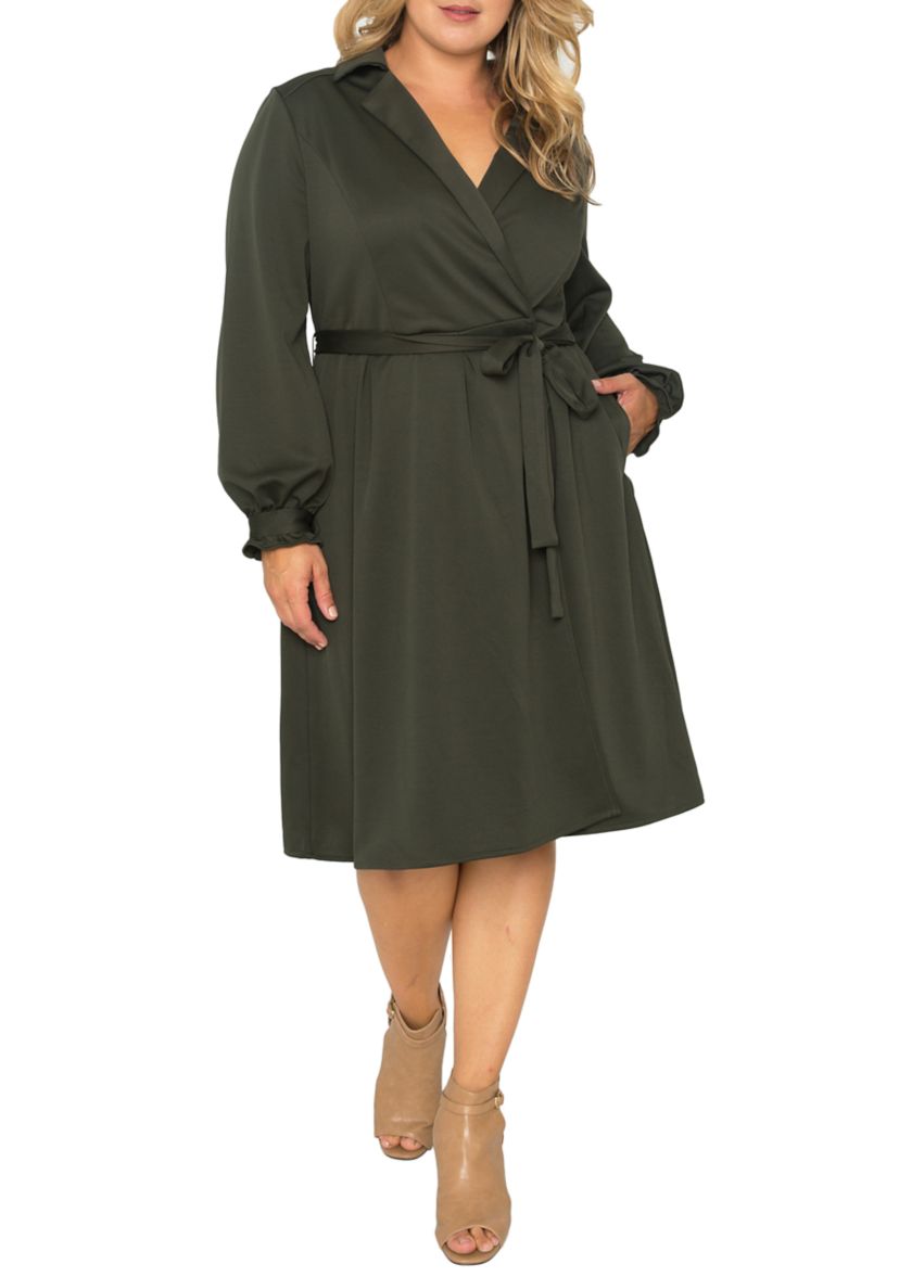 Plus Size Womens Dark Olive Long Sleeve Wrap Dress