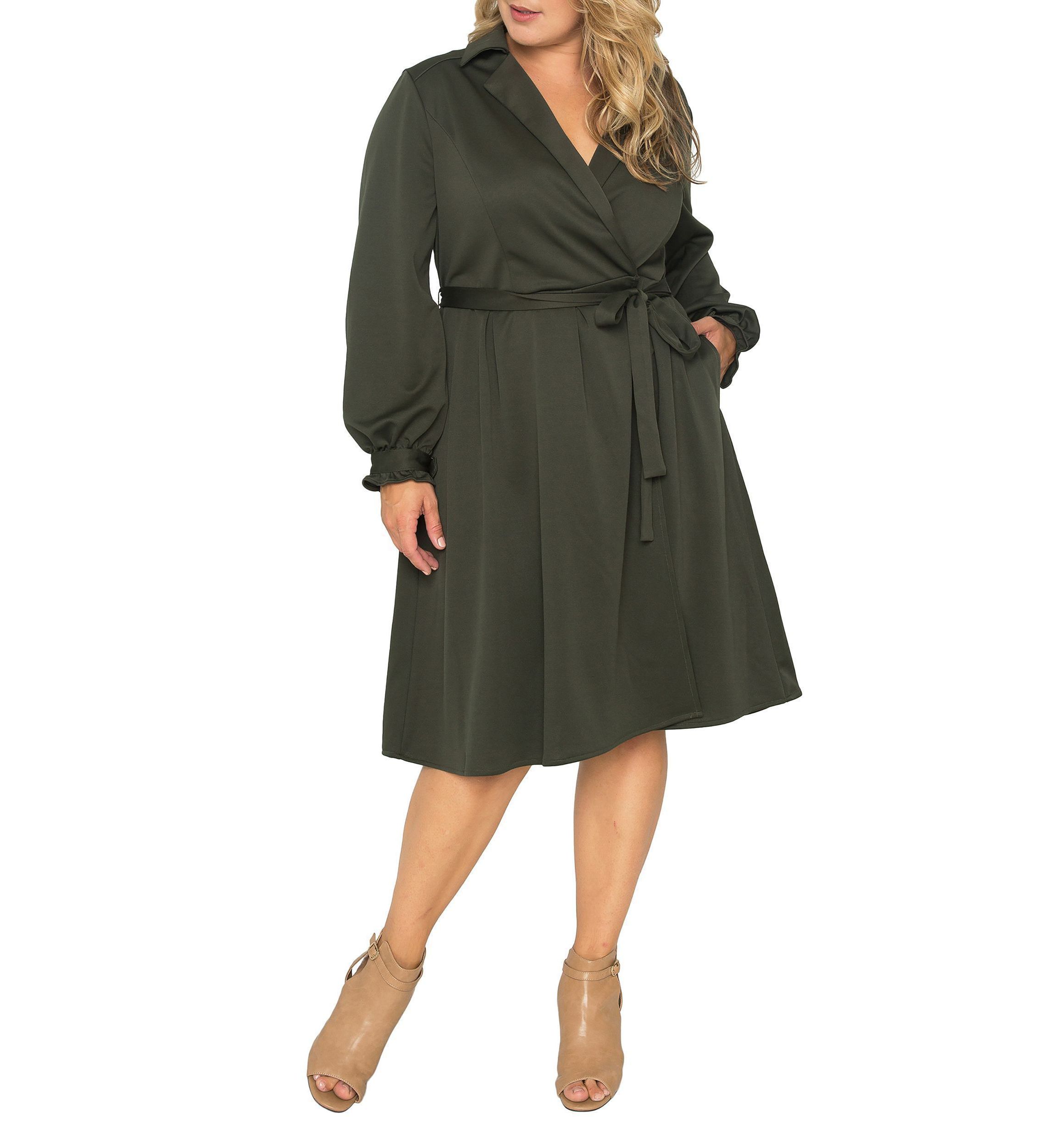 Plus Size Womens Dark Olive Long Sleeve Wrap Dress
