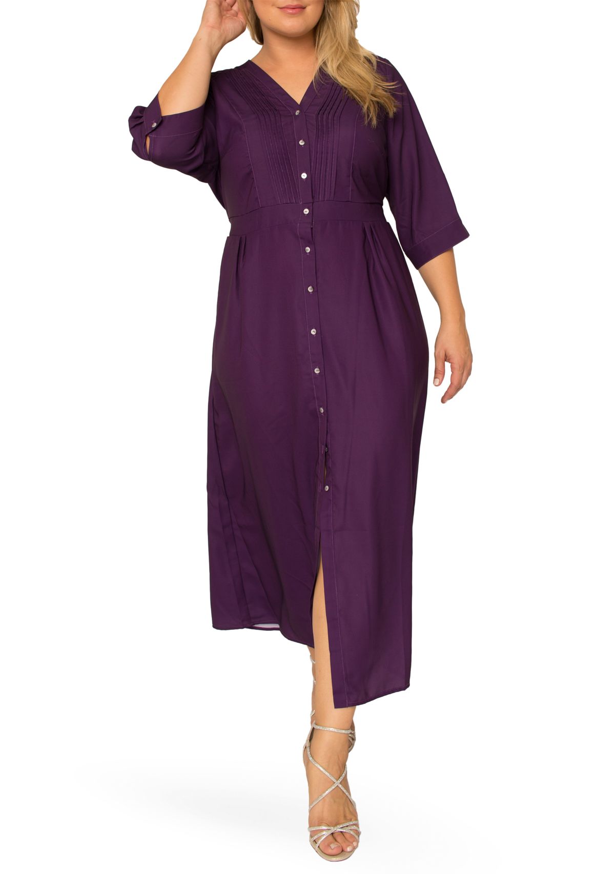 Plus Size Womens Deep Purple Pintuck Cuffed Short Sleeve Maxi Dress