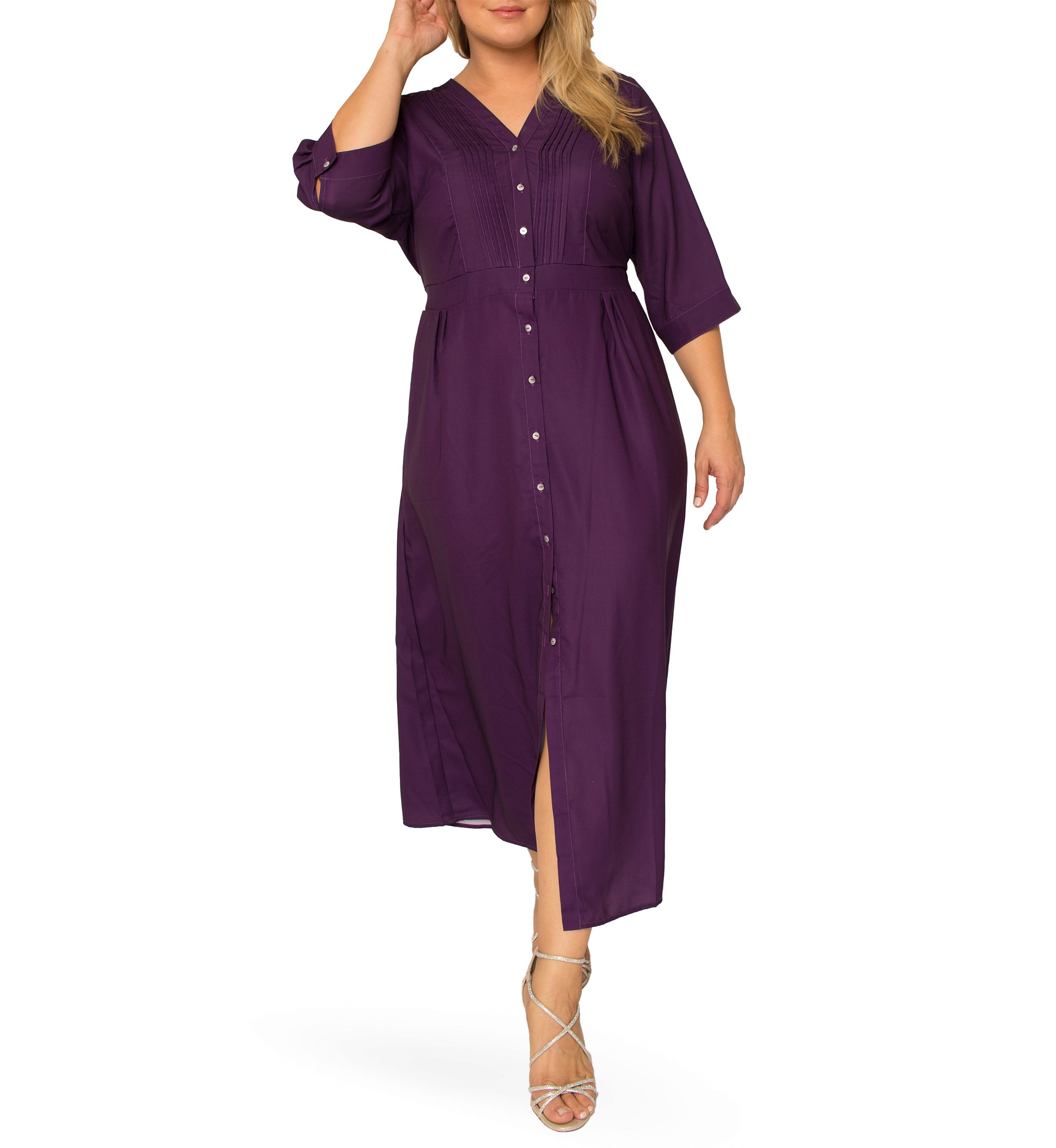 Plus Size Womens Deep Purple Pintuck Cuffed Short Sleeve Maxi Dress