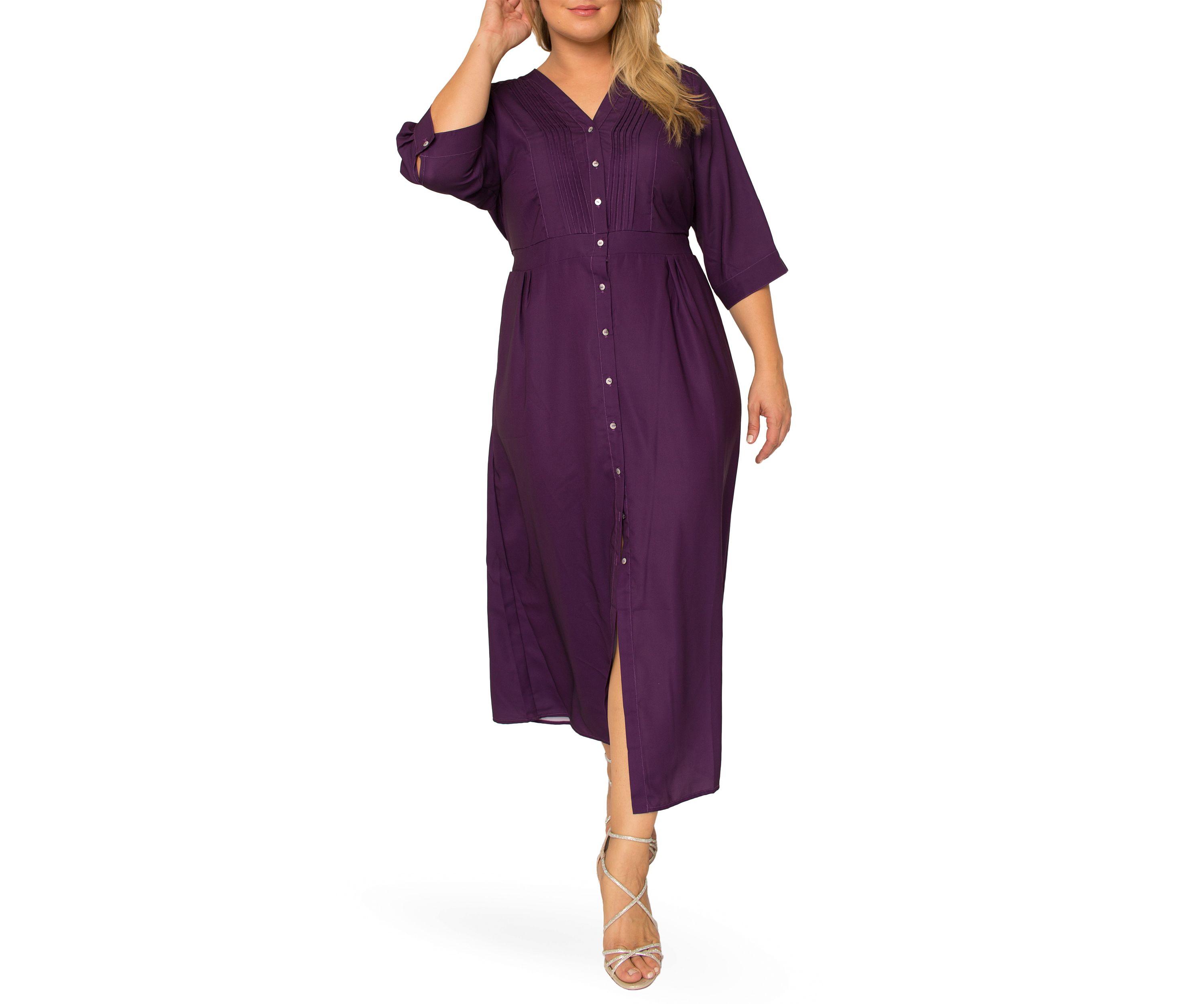 Plus Size Womens Deep Purple Pintuck Cuffed Short Sleeve Maxi Dress