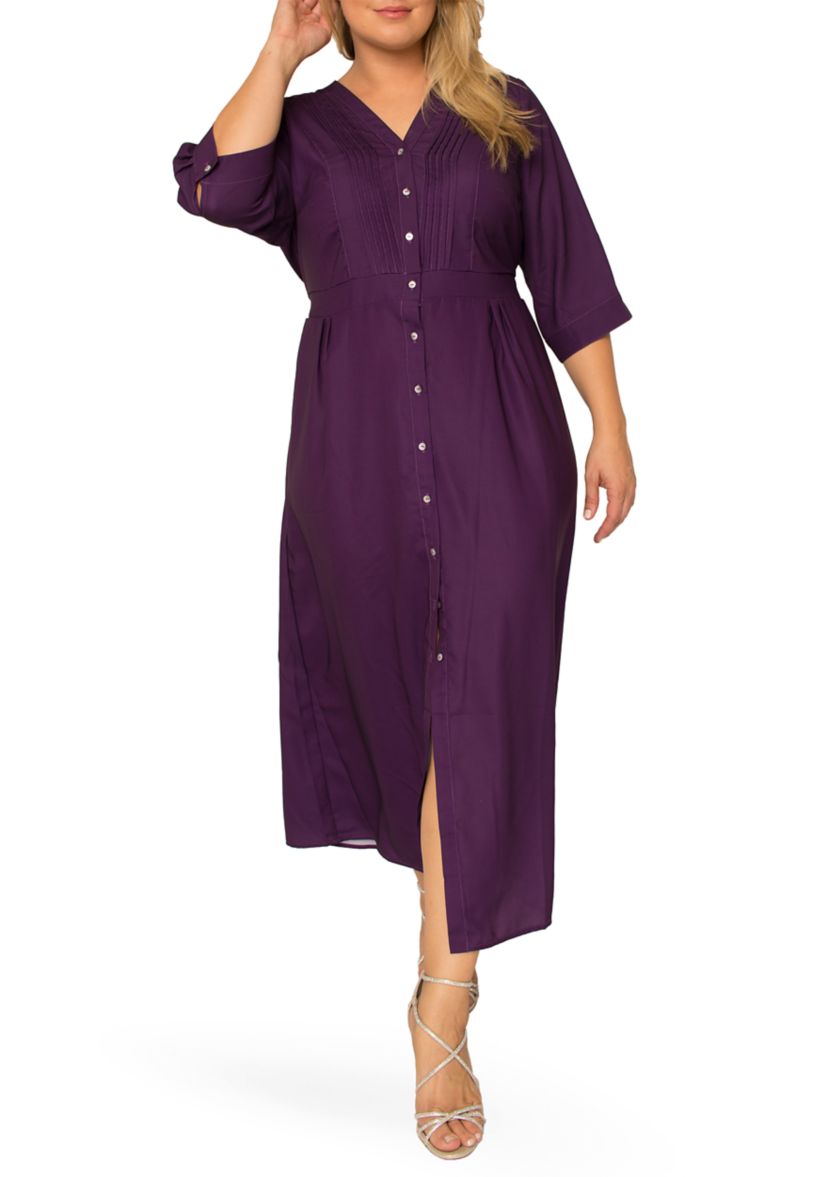 Plus Size Womens Deep Purple Pintuck Cuffed Short Sleeve Maxi Dress
