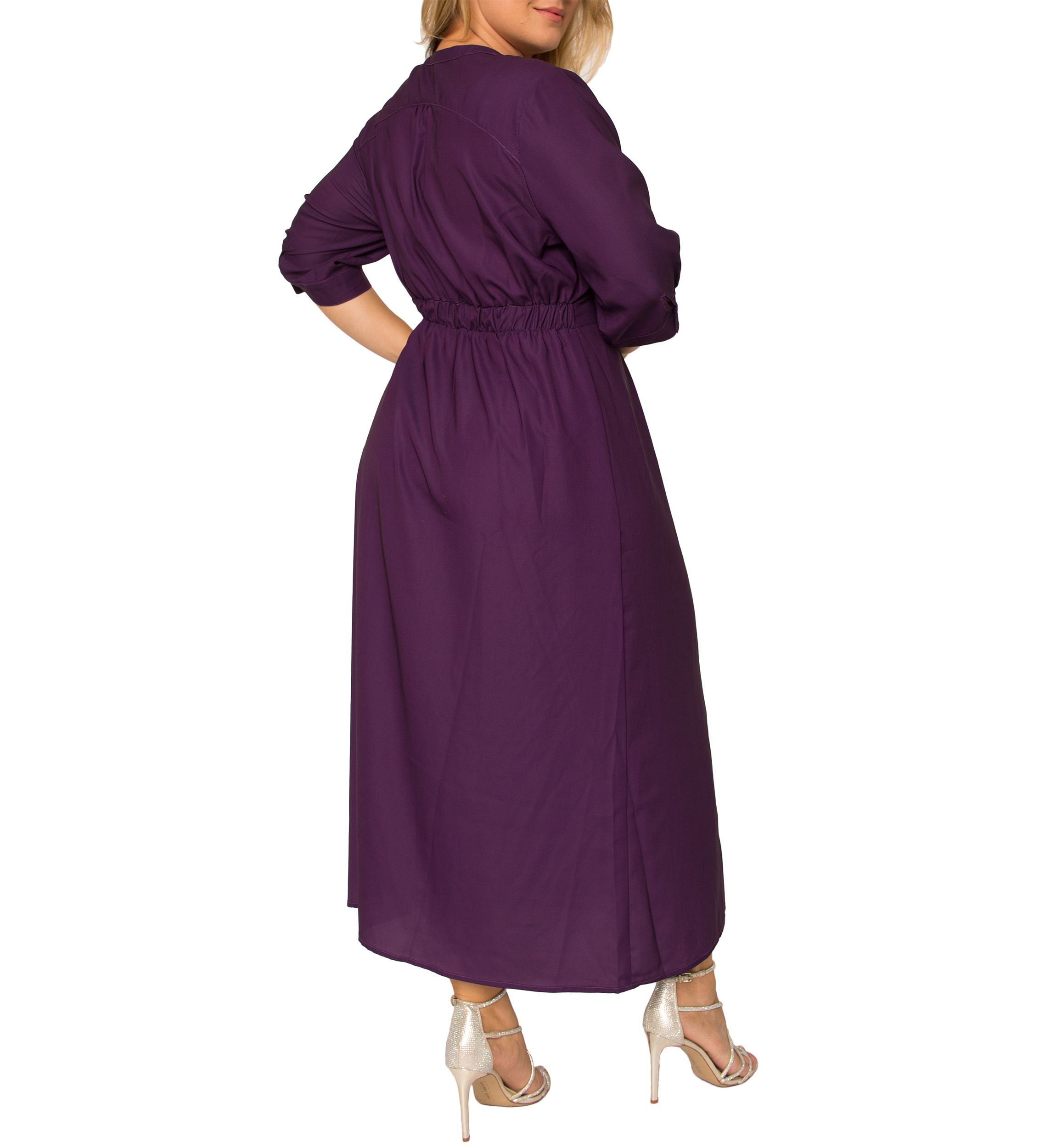 Plus Size Womens Deep Purple Pintuck Cuffed Short Sleeve Maxi Dress