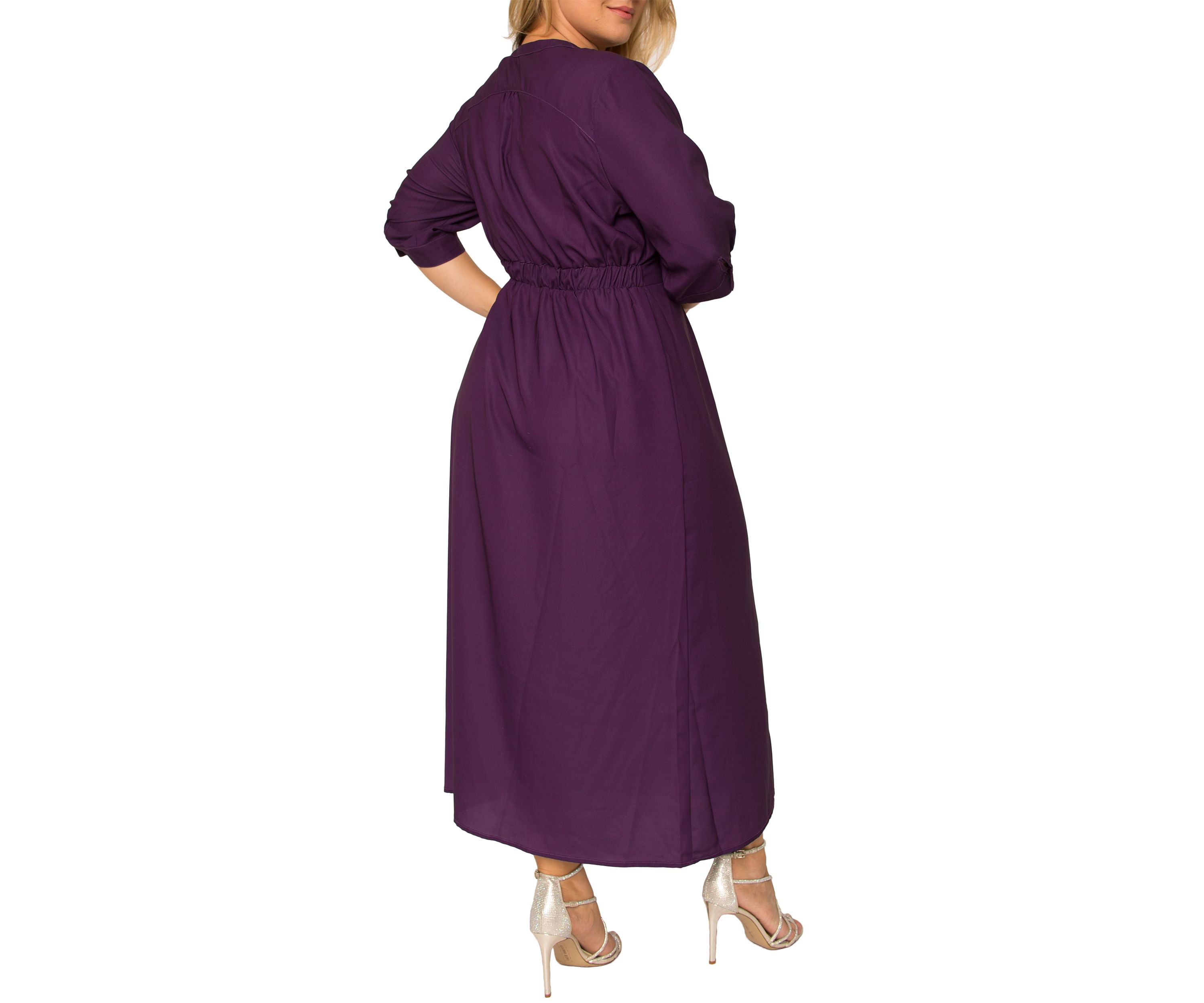 Plus Size Womens Deep Purple Pintuck Cuffed Short Sleeve Maxi Dress