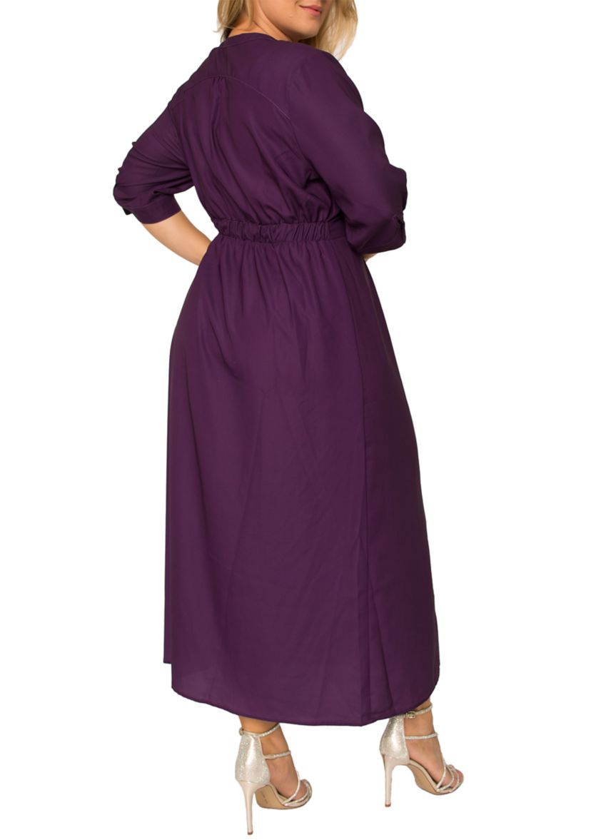 Plus Size Womens Deep Purple Pintuck Cuffed Short Sleeve Maxi Dress
