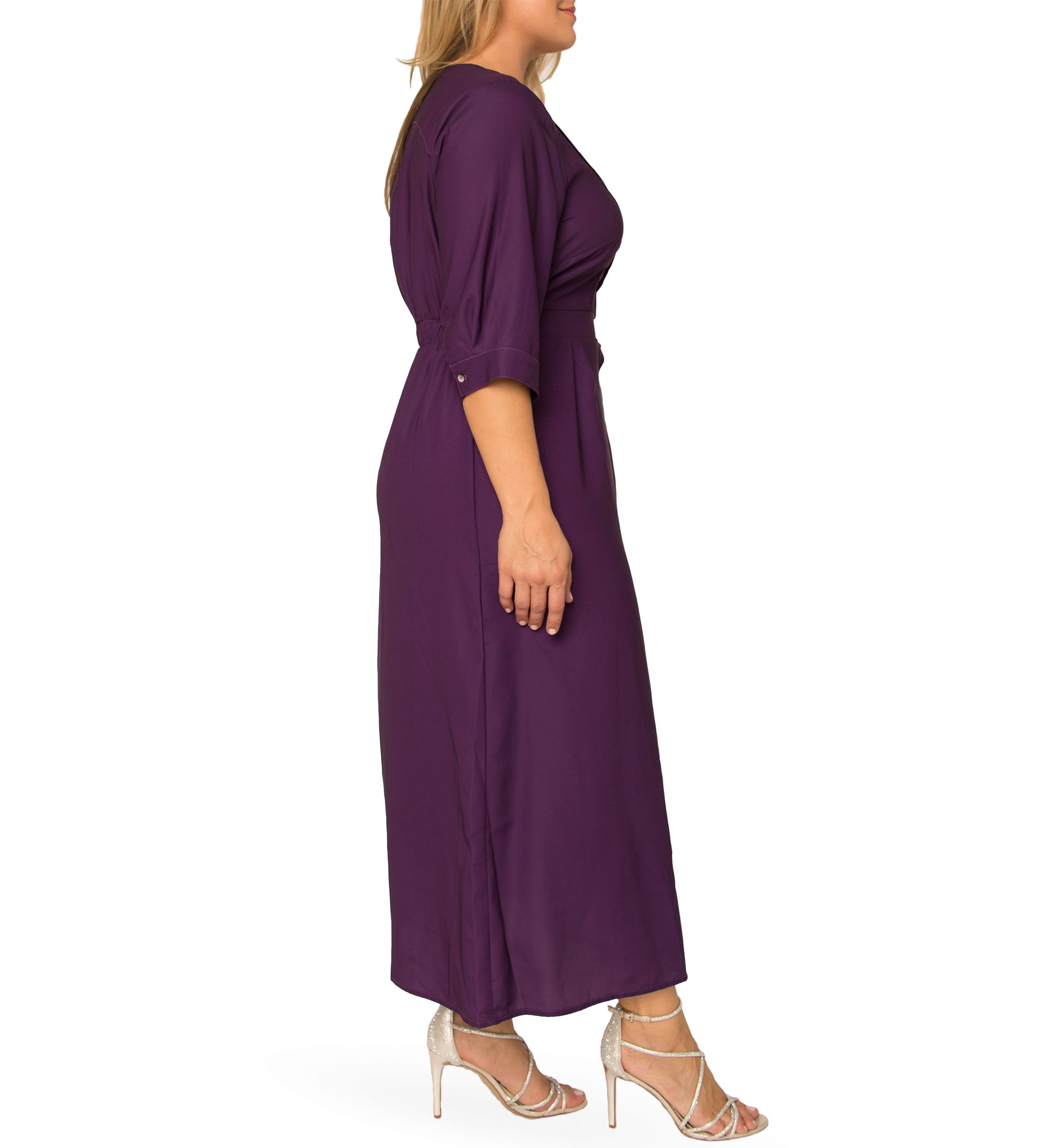 Plus Size Womens Deep Purple Pintuck Cuffed Short Sleeve Maxi Dress