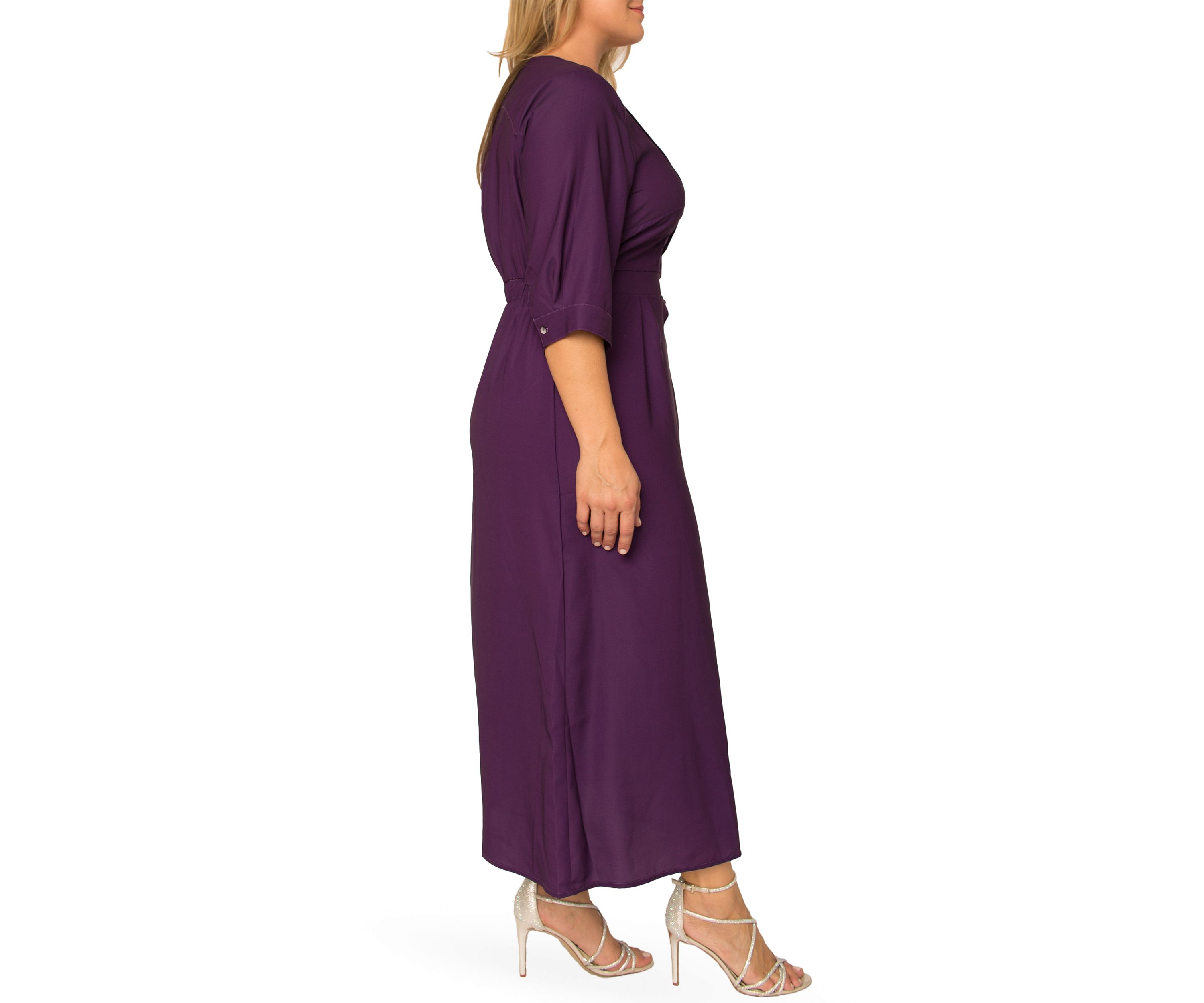 Plus Size Womens Deep Purple Pintuck Cuffed Short Sleeve Maxi Dress