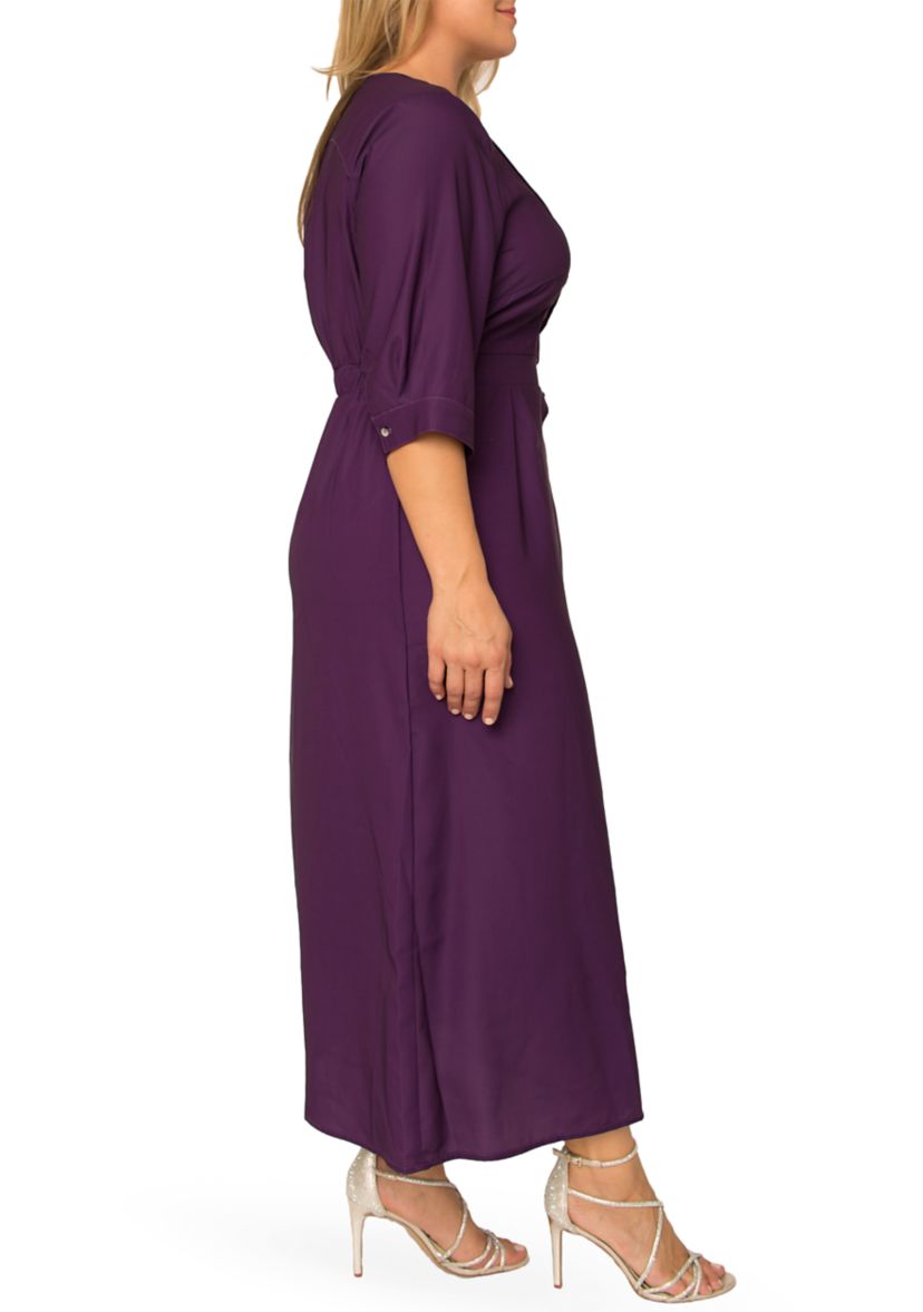 Plus Size Womens Deep Purple Pintuck Cuffed Short Sleeve Maxi Dress