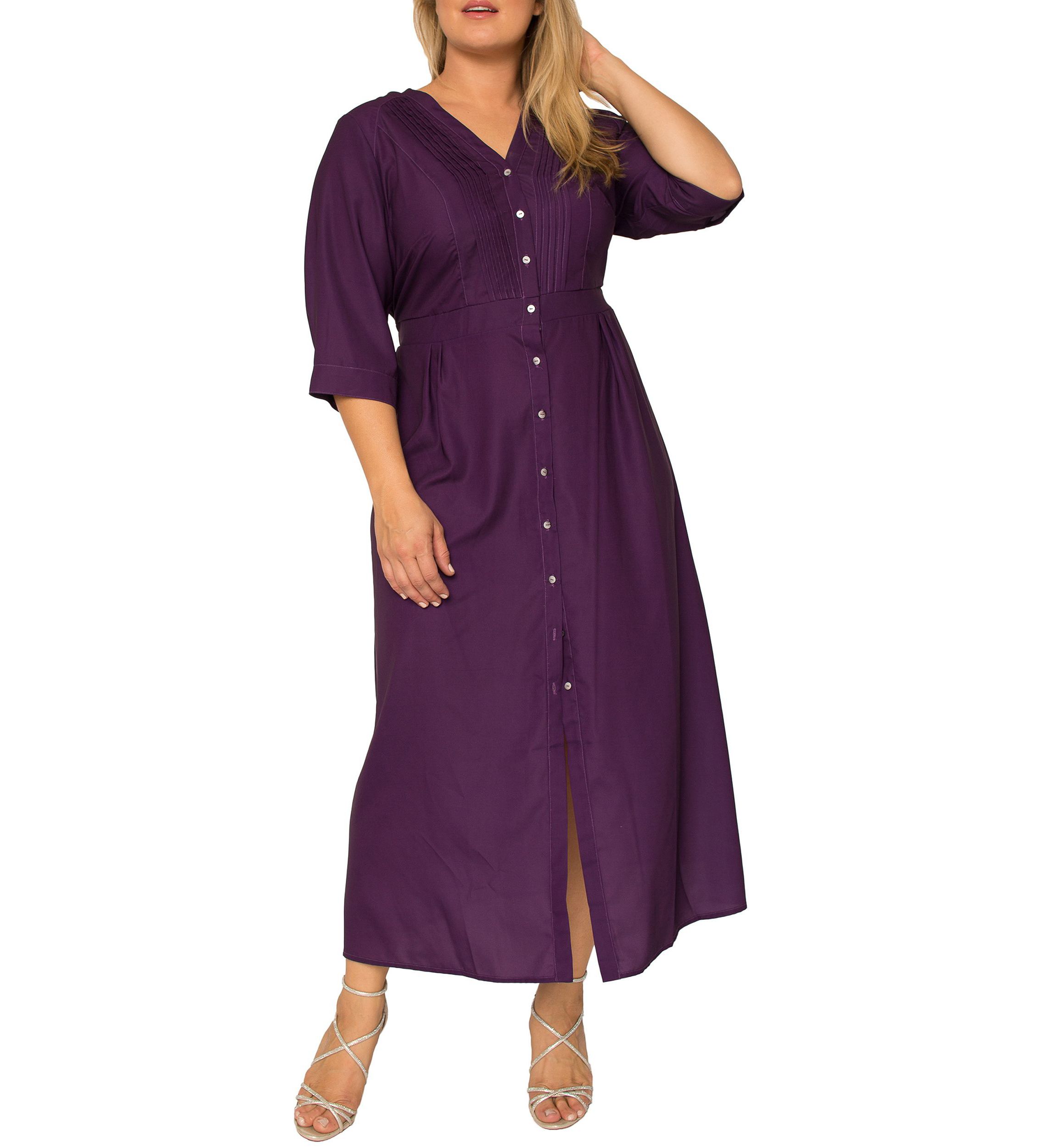 Plus Size Womens Deep Purple Pintuck Cuffed Short Sleeve Maxi Dress
