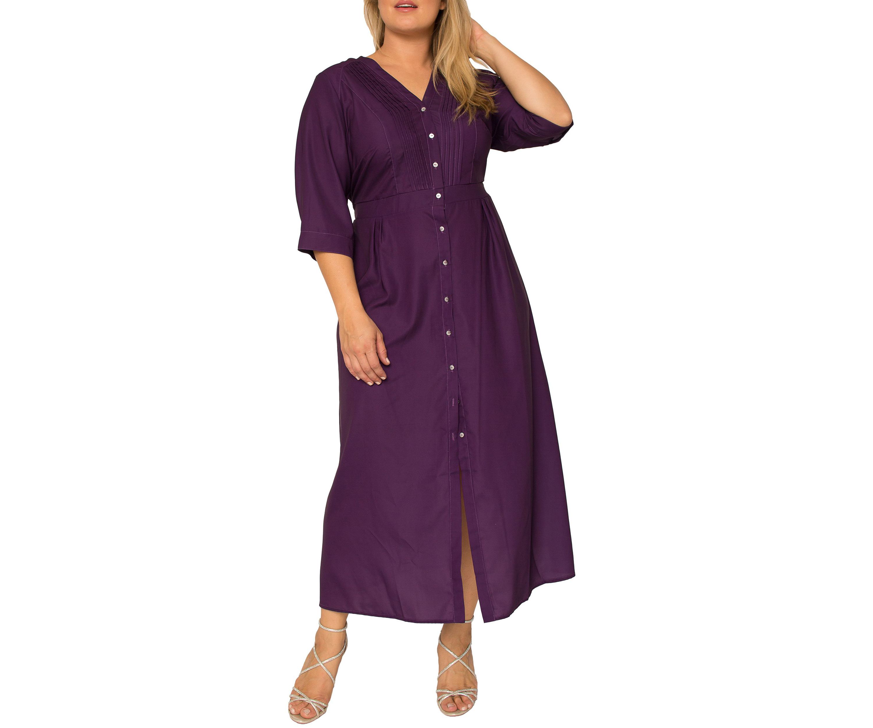 Plus Size Womens Deep Purple Pintuck Cuffed Short Sleeve Maxi Dress