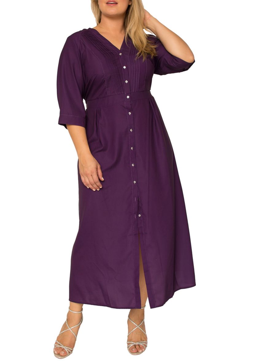 Plus Size Womens Deep Purple Pintuck Cuffed Short Sleeve Maxi Dress