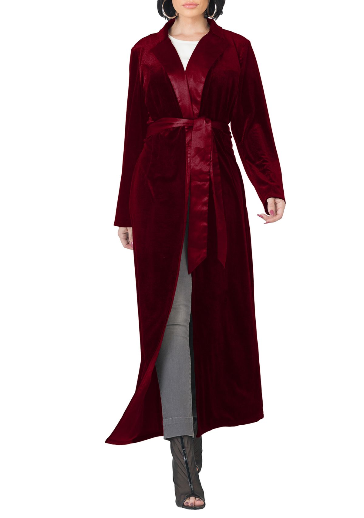 Womens Freya Stretch Velvet Wrap Midi Coat Dress with Satin Lapel and Satin Belt