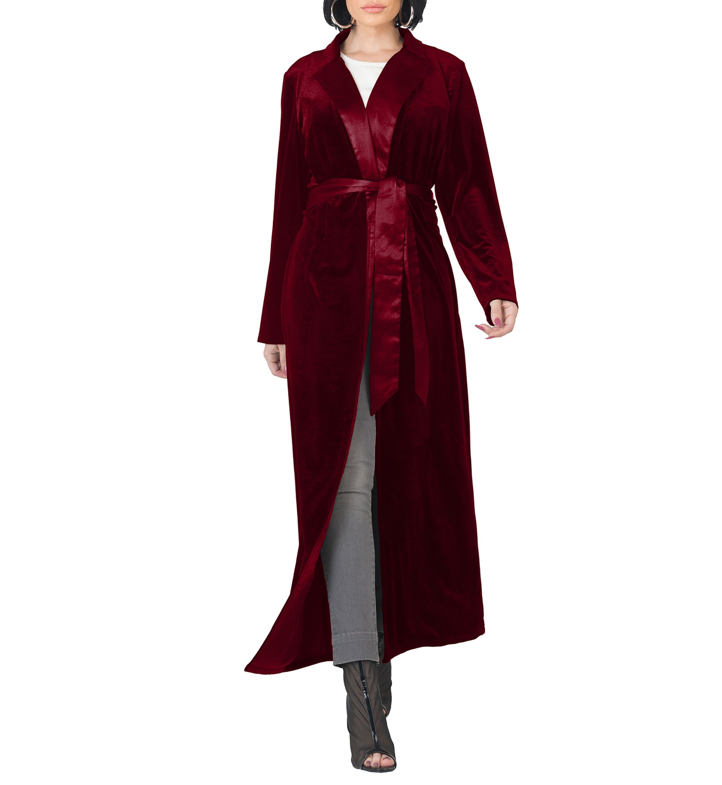 Womens Freya Stretch Velvet Wrap Midi Coat Dress with Satin Lapel and Satin Belt