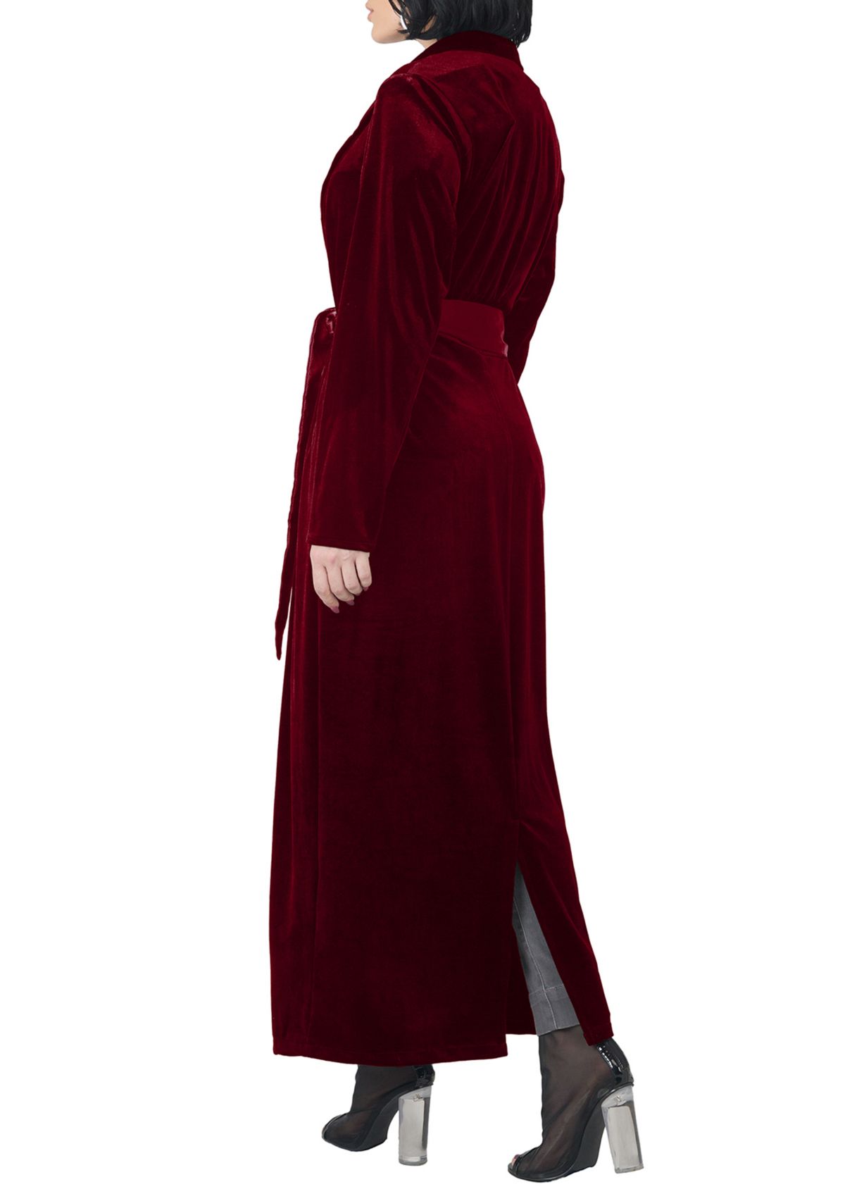 Womens Freya Stretch Velvet Wrap Midi Coat Dress with Satin Lapel and Satin Belt