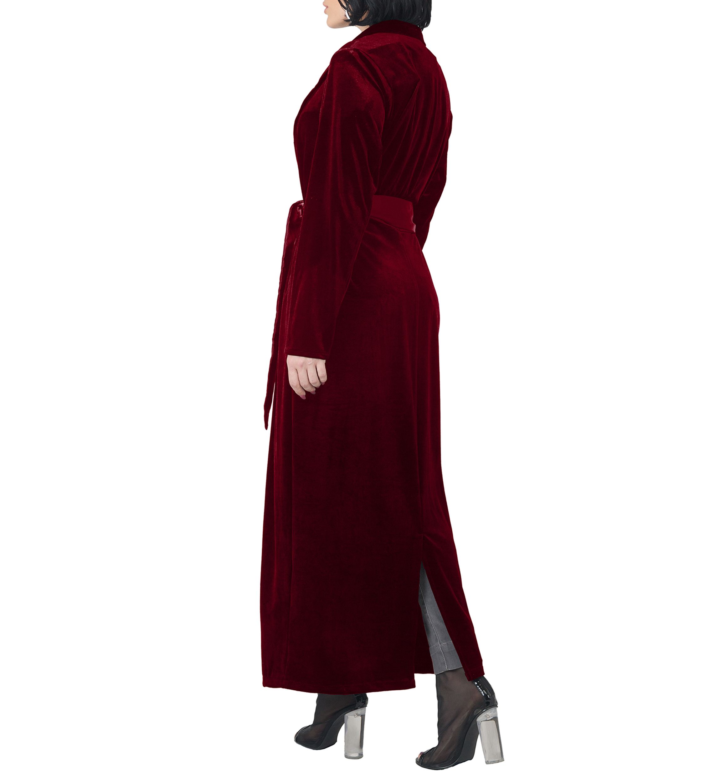 Womens Freya Stretch Velvet Wrap Midi Coat Dress with Satin Lapel and Satin Belt