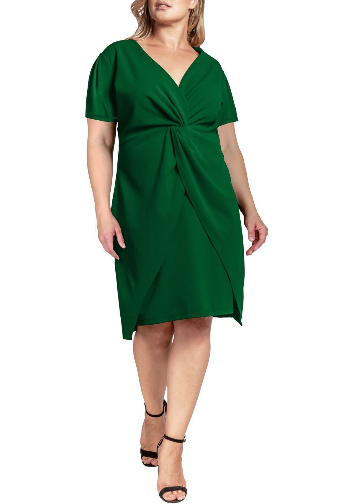Women Plus Size Crepe Knit Twist-Front V-Neck Midi Dress