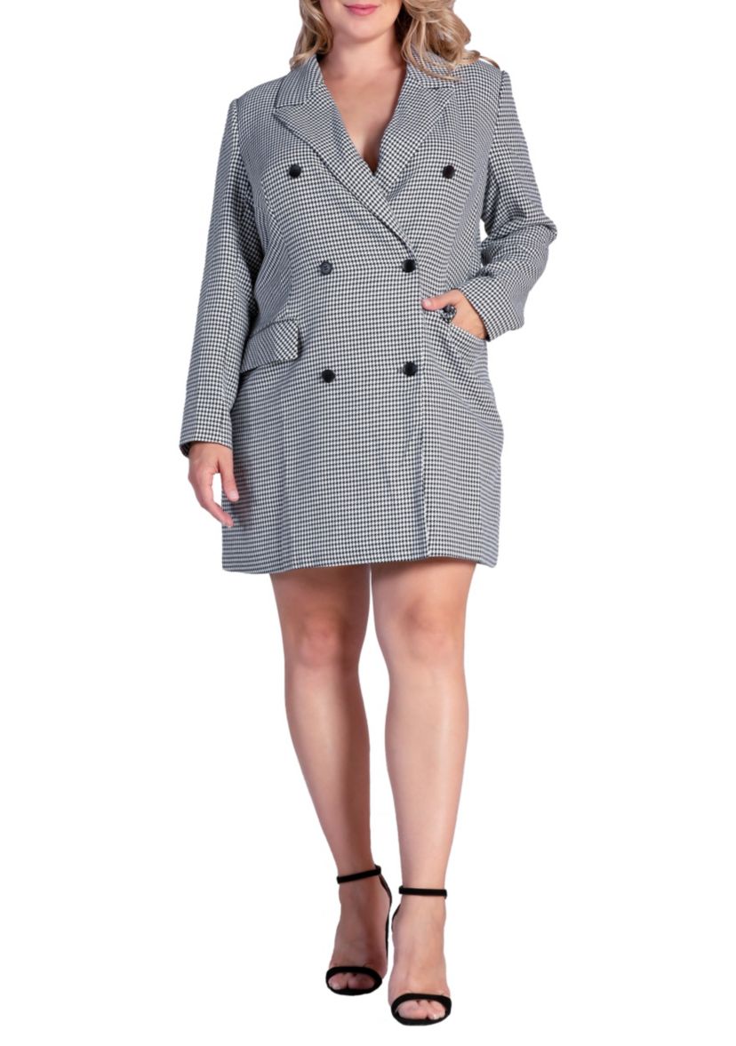 Plus Size Houndstooth Double-Breasted Mini Blazer Dress