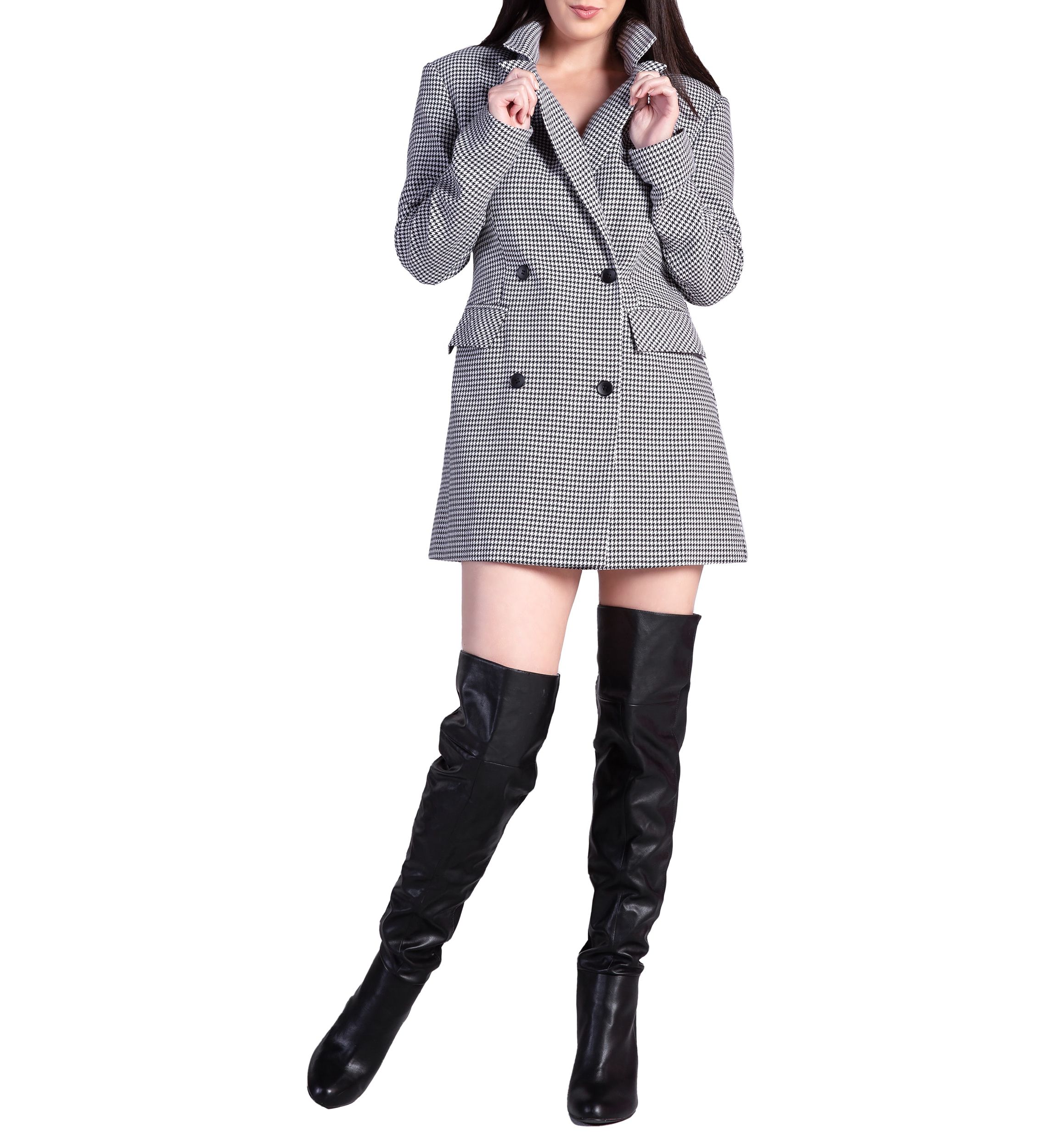 Houndstooth Double-Breasted Mini Blazer Dress
