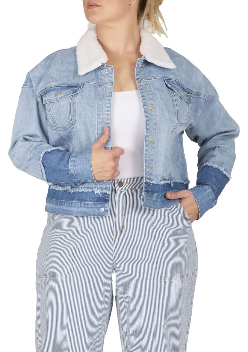Plus Size Two-Tone Trucker Jacket with Detachable Sherpa Collar