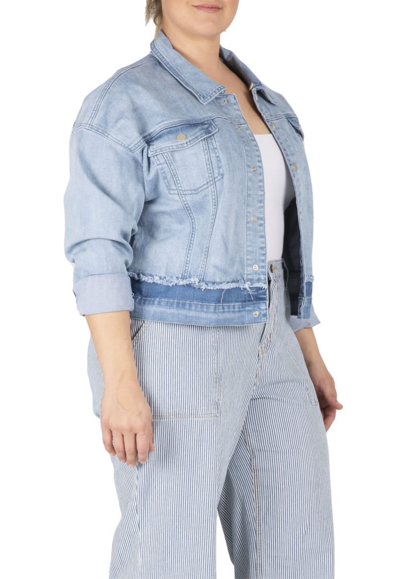 Plus Size Two-Tone Trucker Jacket with Detachable Sherpa Collar