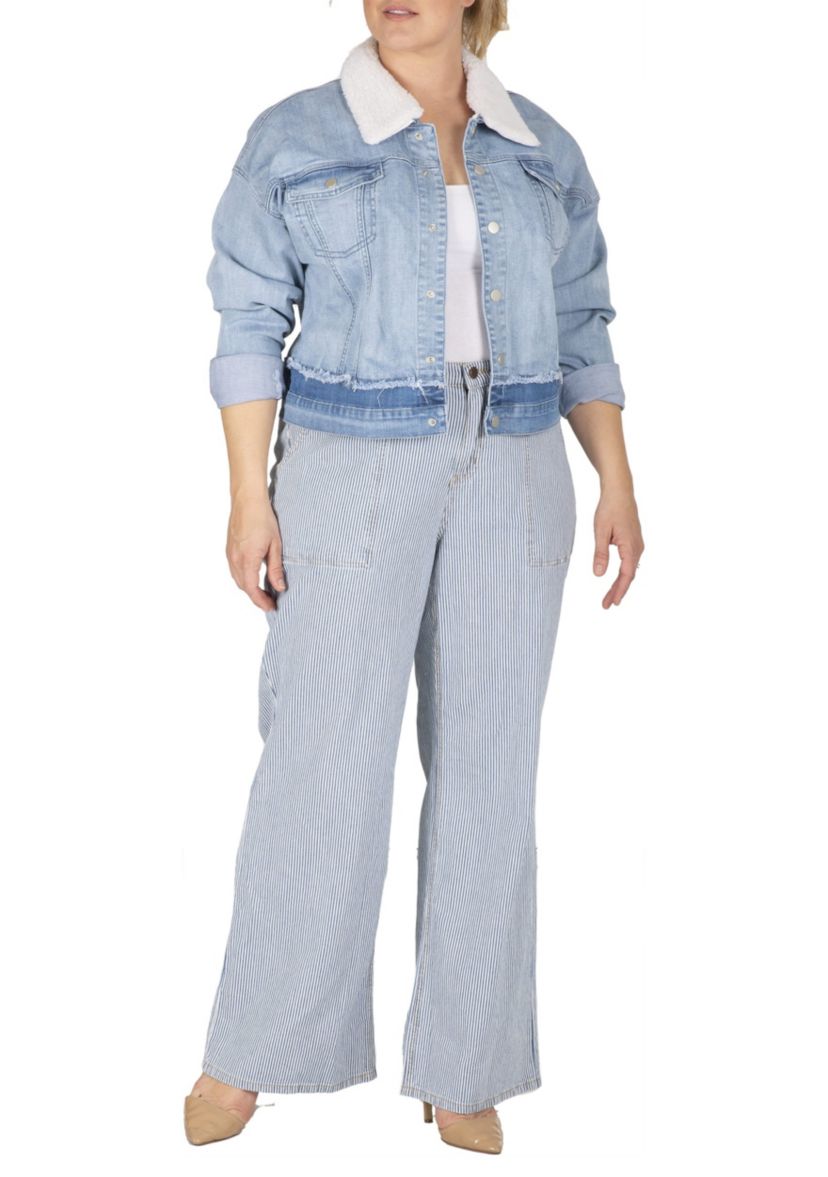 Plus Size Two-Tone Trucker Jacket with Detachable Sherpa Collar