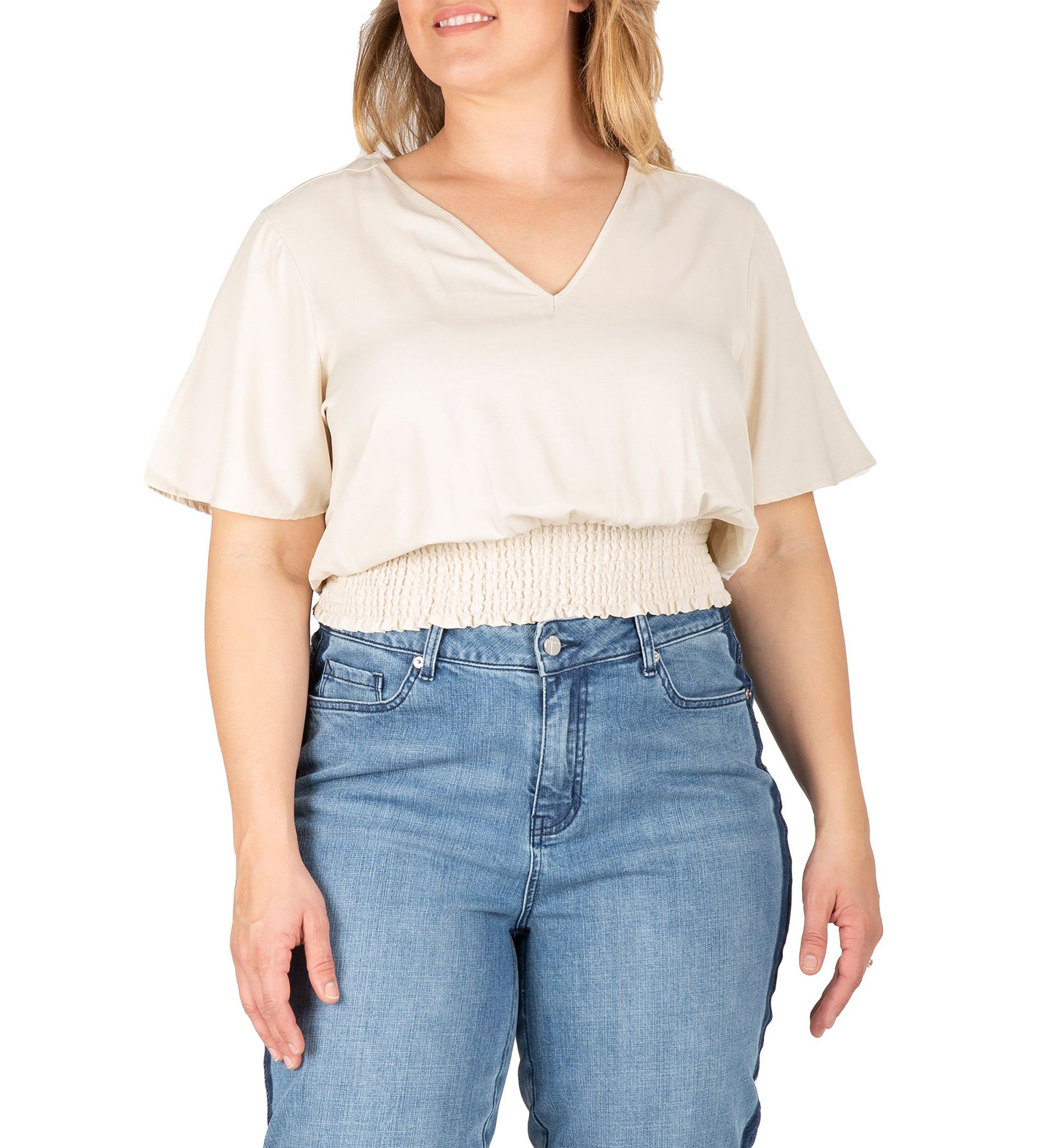 Women Plus Size V Neck Short Sleeve Smocking Waist Blouse